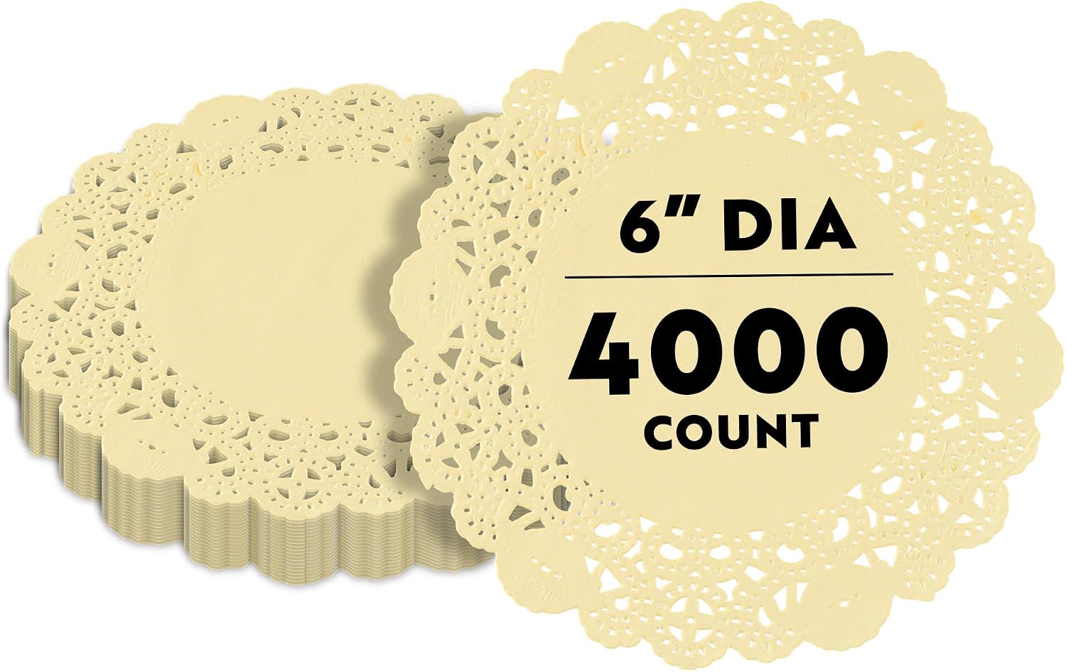 Restaurantware-Pastry Tek 6 x 6 Inch Paper Lace Doilies, 4000 Disposable Table Doilies - Elegant Lace Finish, Long Lasting, Yellow Paper Placemat, for Pastries, Cupcakes, Desserts