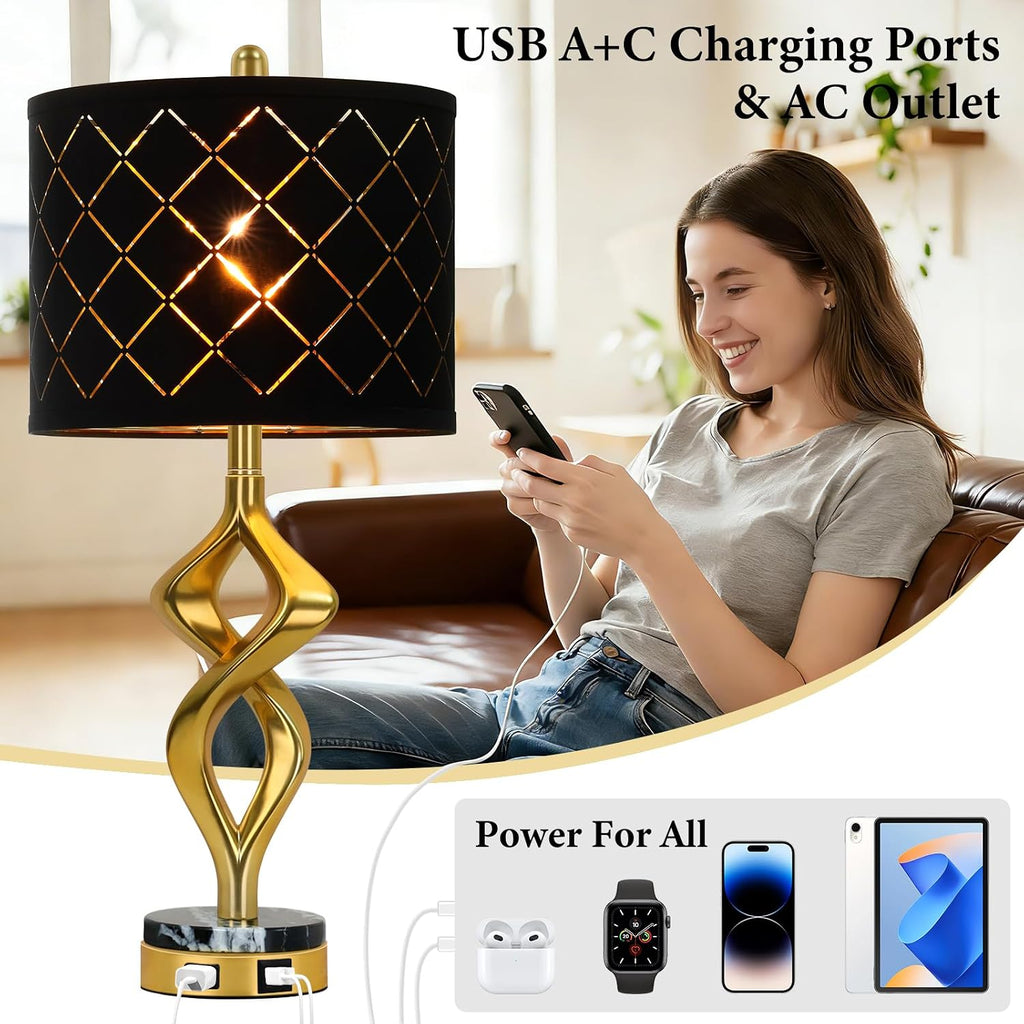 28.5' Modern Sculptural Living Room Table Lamps Set of 2 with USB Ports and Outlet, Gold Bedside Table Lamps with Black Marble Base, Nightstand Lamps for Bedroom with Luxurious Black Grid Lampshade