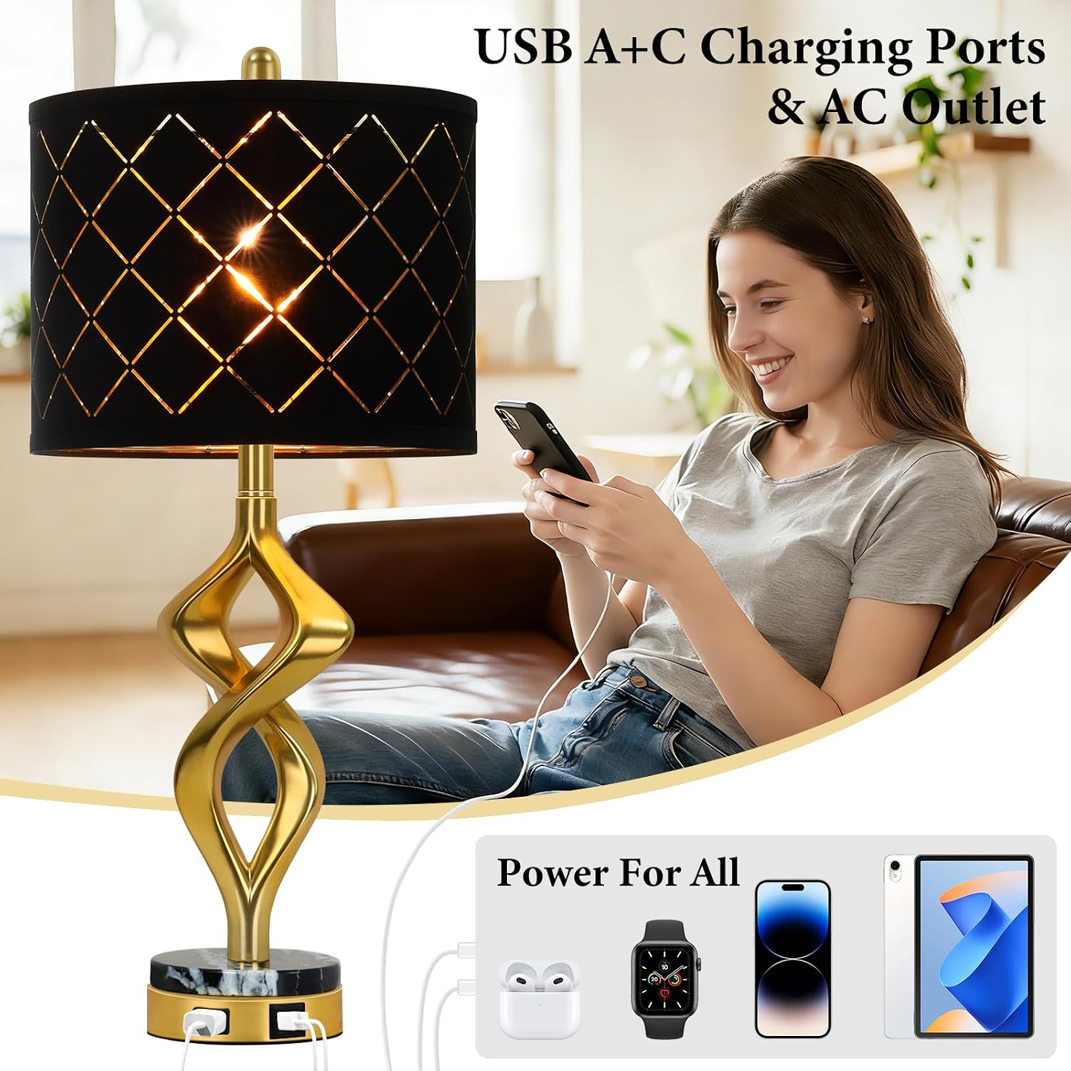 28.5' Modern Sculptural Living Room Table Lamps Set of 2 with USB Ports and Outlet, Gold Bedside Table Lamps with Black Marble Base, Nightstand Lamps for Bedroom with Luxurious Black Grid Lampshade