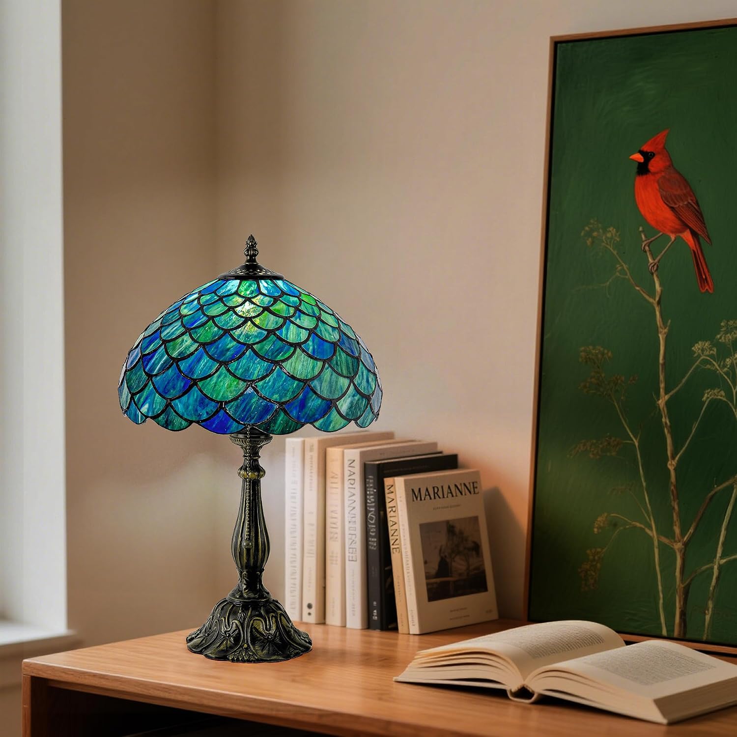 Tiffany Style Table Lamp Vintage Stained Glass Desk Lamp Sea Blue Fish Scales Bedside Reading Light Decor Bedroom Living Room Home Office D12 xH18