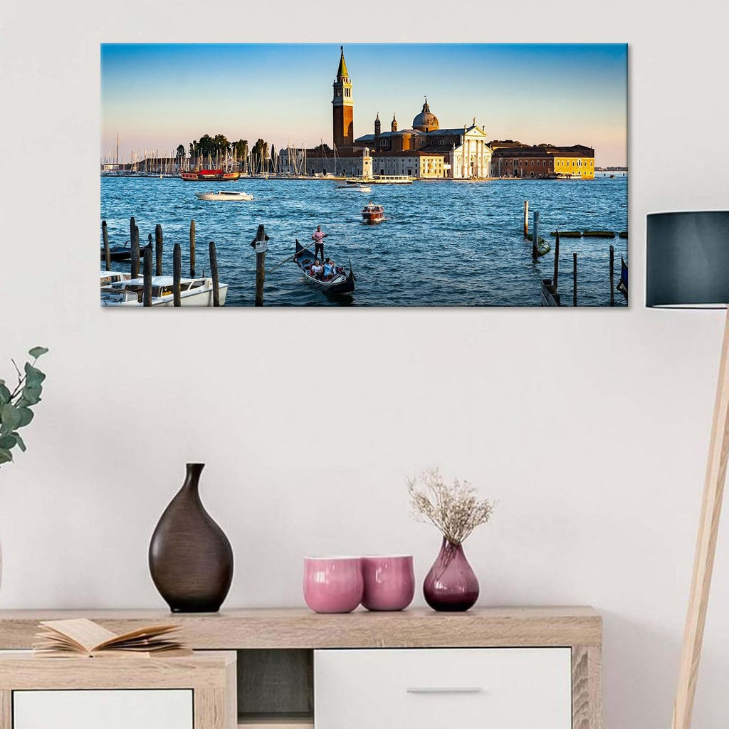 Large Venice Gondola Lagoon Sunset Landscape Wall Art Italian San Giorgio Maggiore Cityscape Canvas Prints Posters European Romantic Travel Relaxing Home Decor Artwork for Bedroom 20x40inch Framed