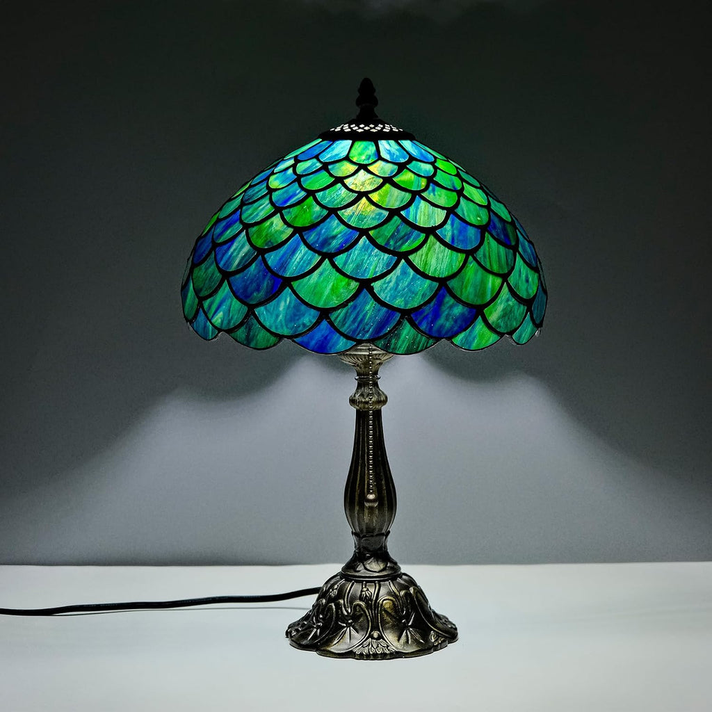 Tiffany Style Table Lamp Vintage Stained Glass Desk Lamp Sea Blue Fish Scales Bedside Reading Light Decor Bedroom Living Room Home Office D12 xH18