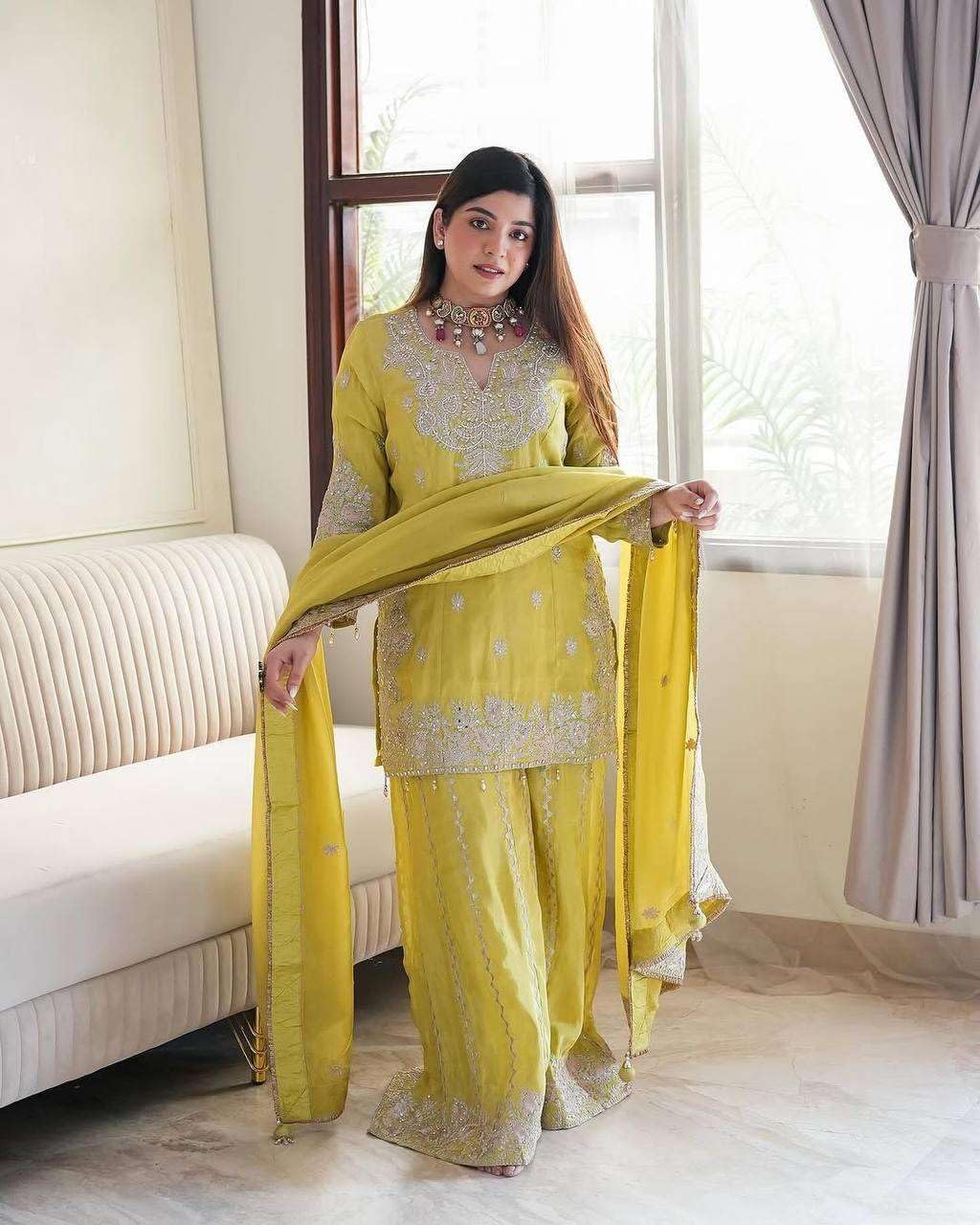 Dimin Crafts Women's Chinon Silk Embroidered Kurti With Sharara & Dupatta Set with Rivet Moti Work