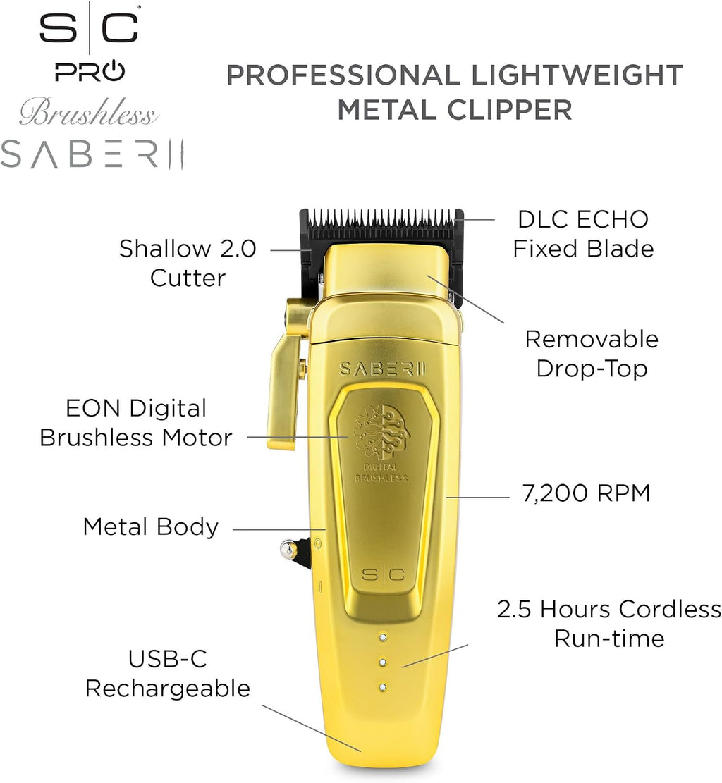 Stylecraft Saber Pro Grooming Bundle: Digital Brushless Saber II Clipper & Saber Trimmer (Gold) Holiday Gift Bundle