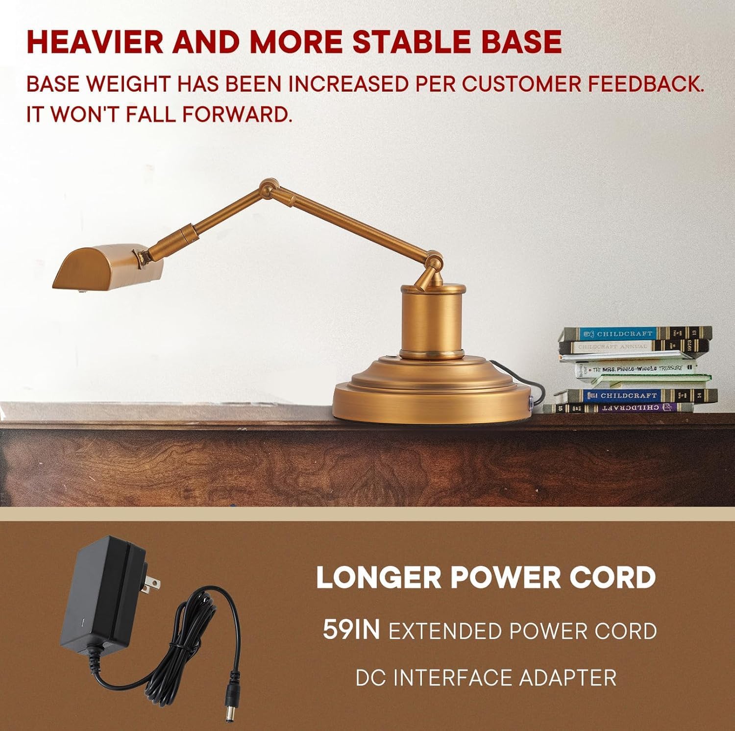 Brass Piano Lamp with 3-Way Touch Control, Vintage Gold LED Music Light for Grand/Upright Pianos, Stepless Dimming, 95+ CRI Eye-Care, Foldable Office Desk Lamp for Reading, Bankers, Library