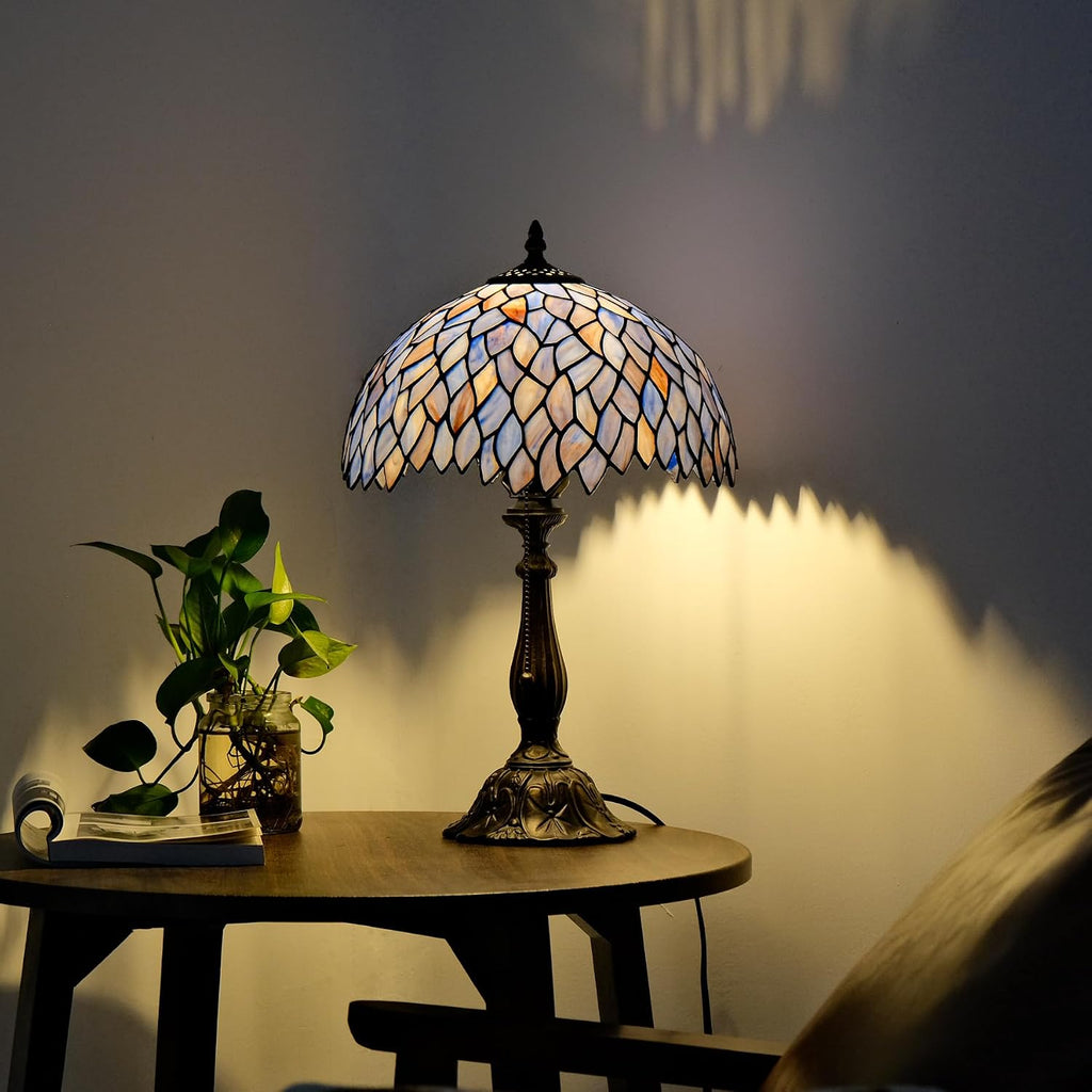 Tiffany Style Table Lamp Vintage Stained Glass Desk Lamp Deep Blue Purple Wisteria Bedside Reading Light Decor Bedroom Living Room Home Office D12 xH18