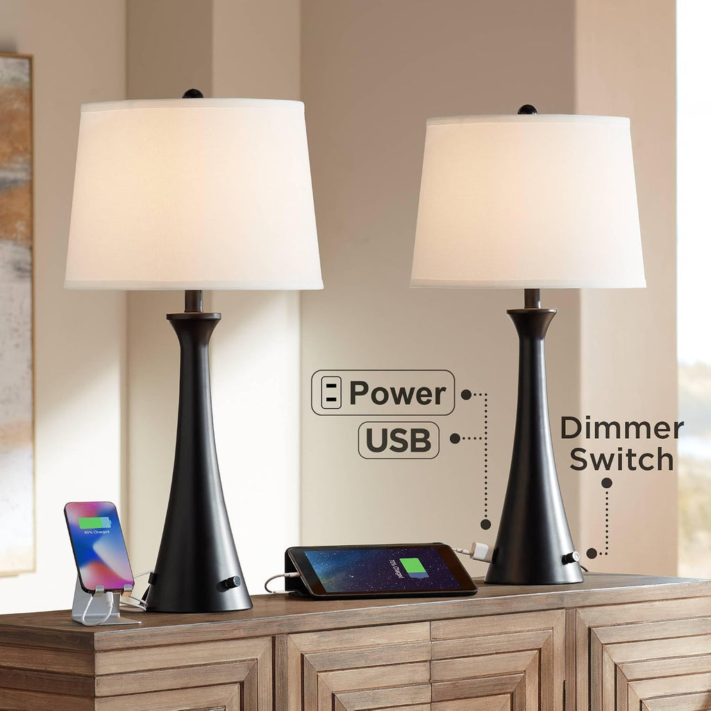 360 Lighting Karl 28 1/4' Tall Set of 2 Modern Table Lamps with USB Charging Ports and AC Power Outlet in Base Black Metal White Fabric Drum Shade for Bedroom Living Room House Bedside Nightstand