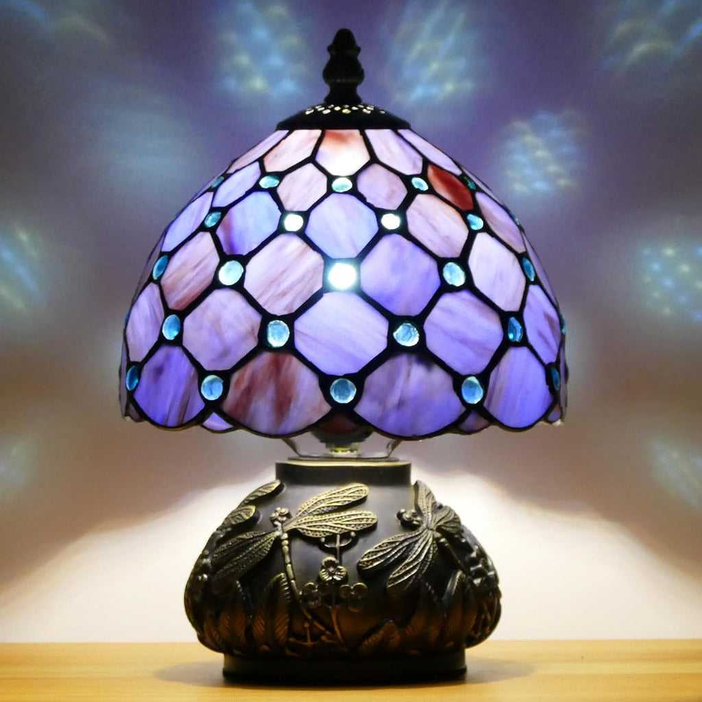 Small Tiffany Lamp Mini Stained Glass Table Lamp Purple Pearl Style Mushroom Accent Lamp 8X11 Inch