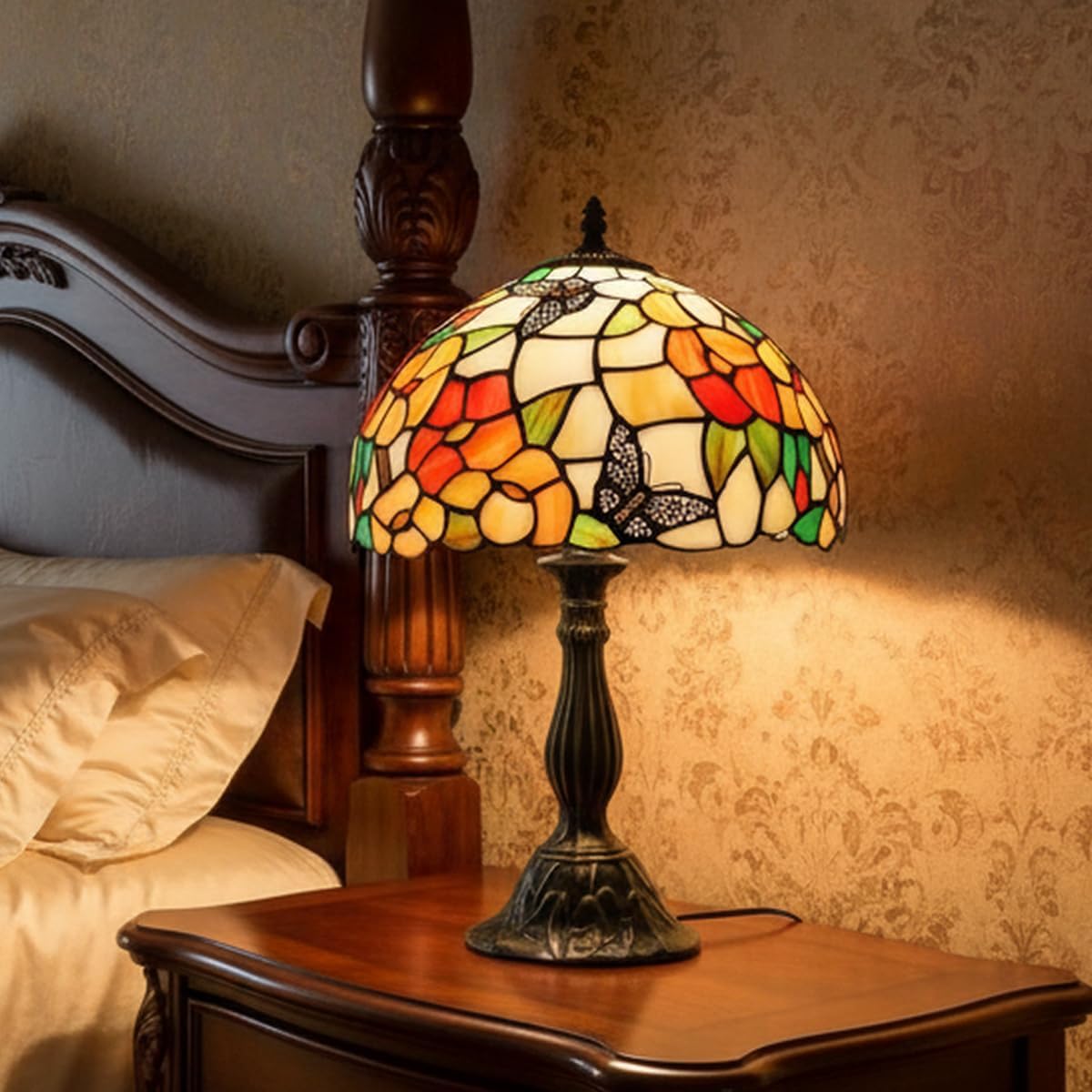 WERFACTORY Tiffany Table Lamp Bedside Pink Stained Glass Lamp Butterfly Style Reading Desk Light 12X12X18 Inches Decor Bedroom Living Room Home Office S275 Series