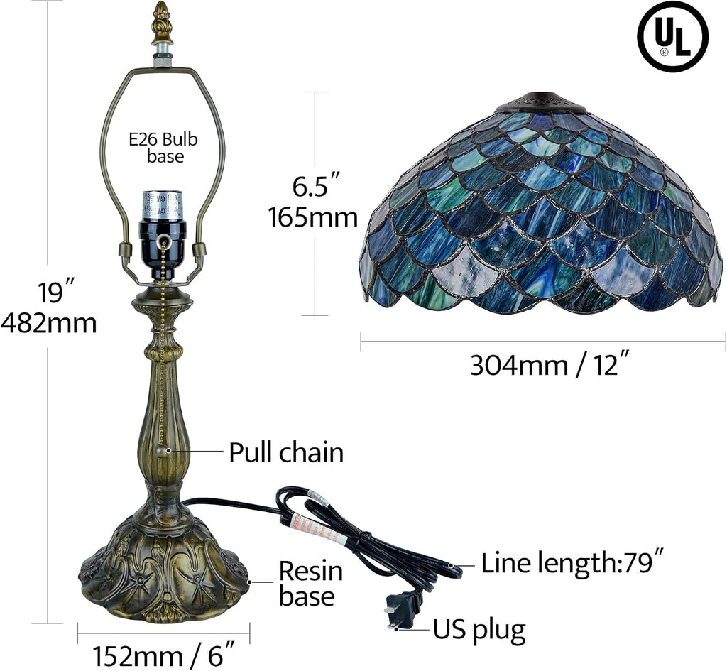 Tiffany Style Table Lamp Vintage Stained Glass Desk Lamp Sea Blue Fish Scales Bedside Reading Light Decor Bedroom Living Room Home Office D12 xH18