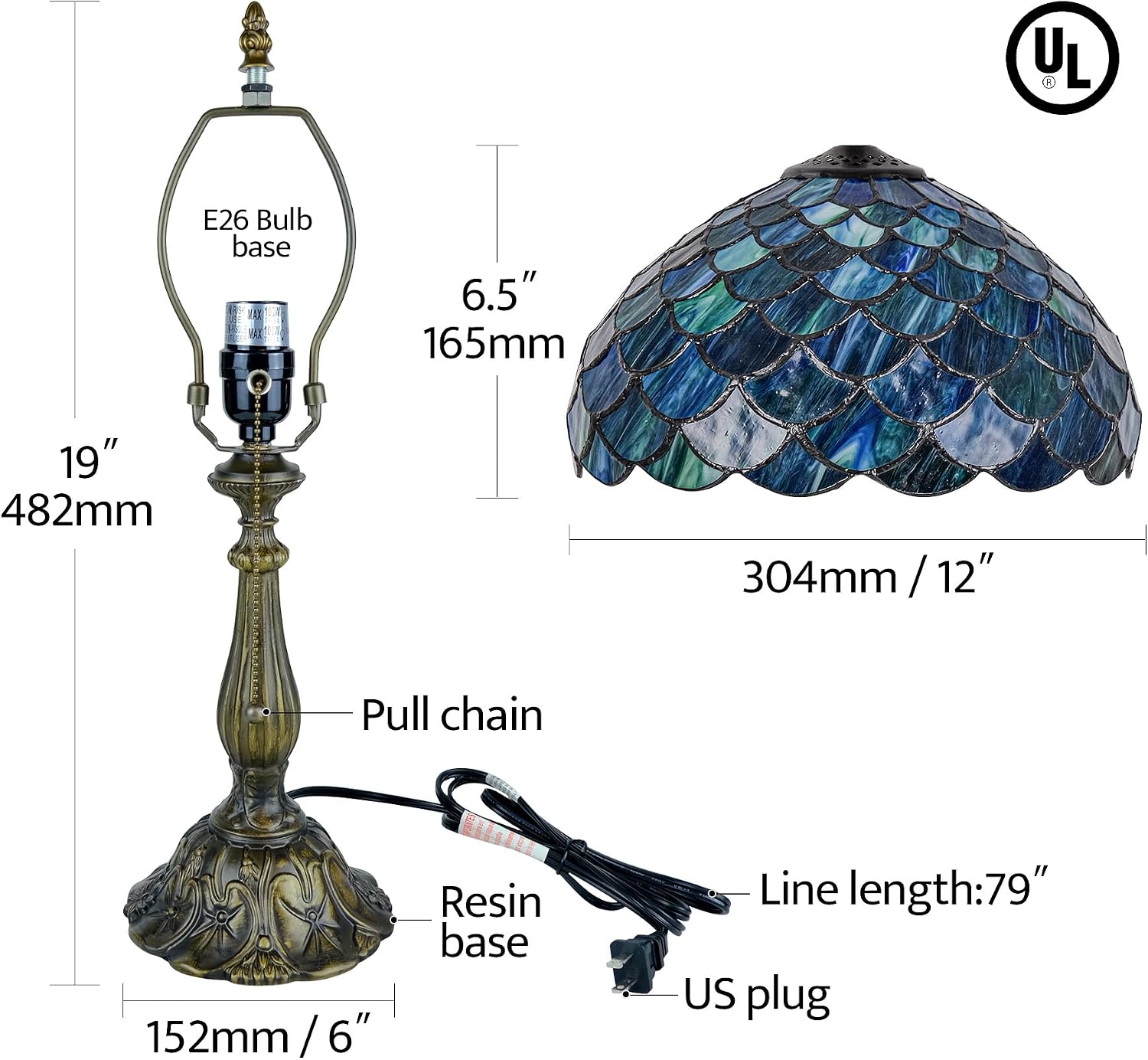 Tiffany Style Table Lamp Vintage Stained Glass Desk Lamp Sea Blue Fish Scales Bedside Reading Light Decor Bedroom Living Room Home Office D12 xH18