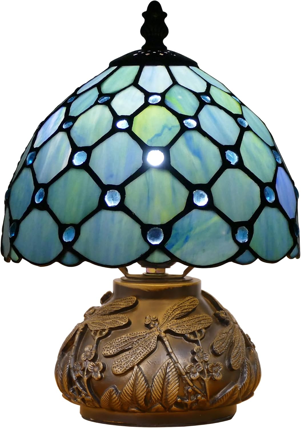 Small Tiffany Lamp Mini Stained Glass Table Lamp Sea Blue Pearl Style Mushroom Memory Sympathy Lamp 8X11 Inch