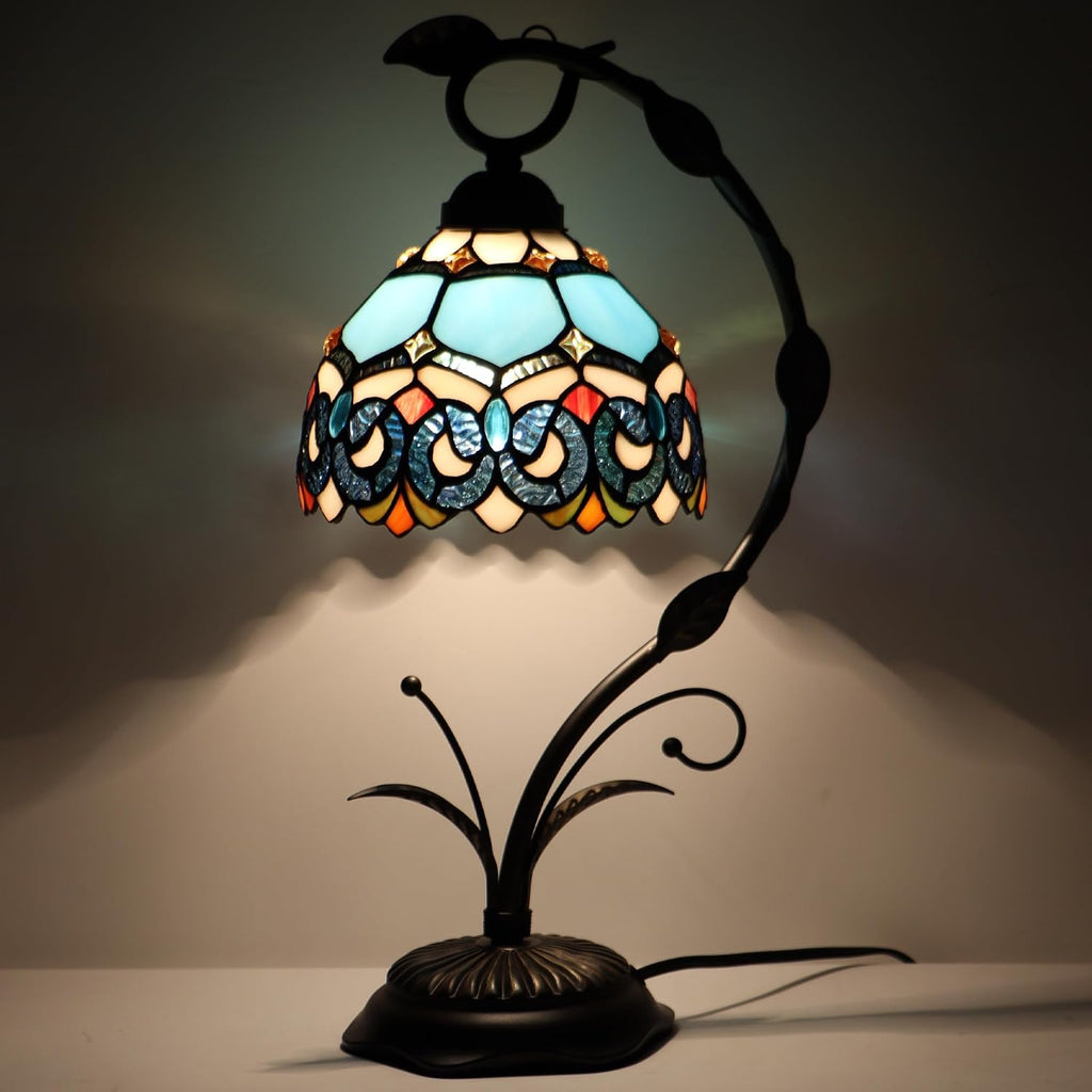 Tiffany Table Lamp, Stained Glass Desk Reading Light, 8X10X19 Inches, Metal Leaf Base (Sapphire Style)