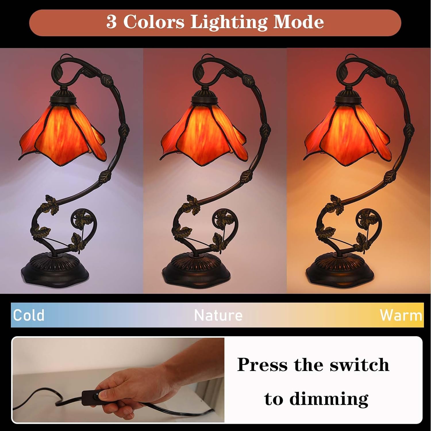 Stained Glass Table Lamp, Orange-Red Flower Style Metal Leaf Base Desk Reading Light, Adjustable 3 Color Temperature Decor for Bedroom Home Office