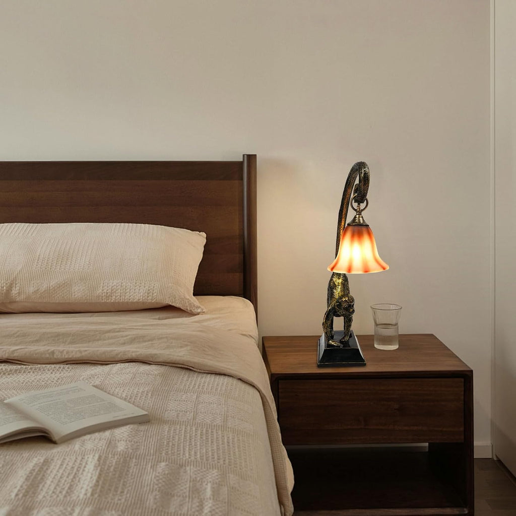 Bedside Table Lamp, Monkey Desk Lamp E26 Creative Animal Gold Resin Bed Side Lamps Sitting Monkey Lighting Fixture for Bedroom Office Bar Cafe Living Room Decor (Left)