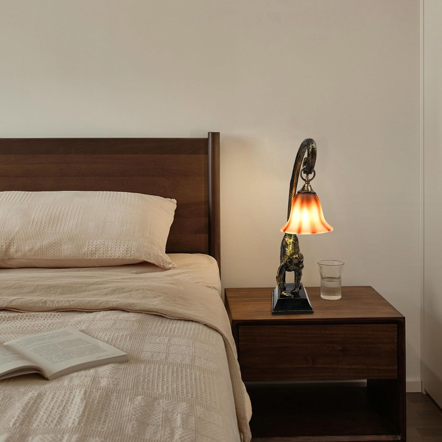 Bedside Table Lamp, Monkey Desk Lamp E26 Creative Animal Gold Resin Bed Side Lamps Sitting Monkey Lighting Fixture for Bedroom Office Bar Cafe Living Room Decor (Left)