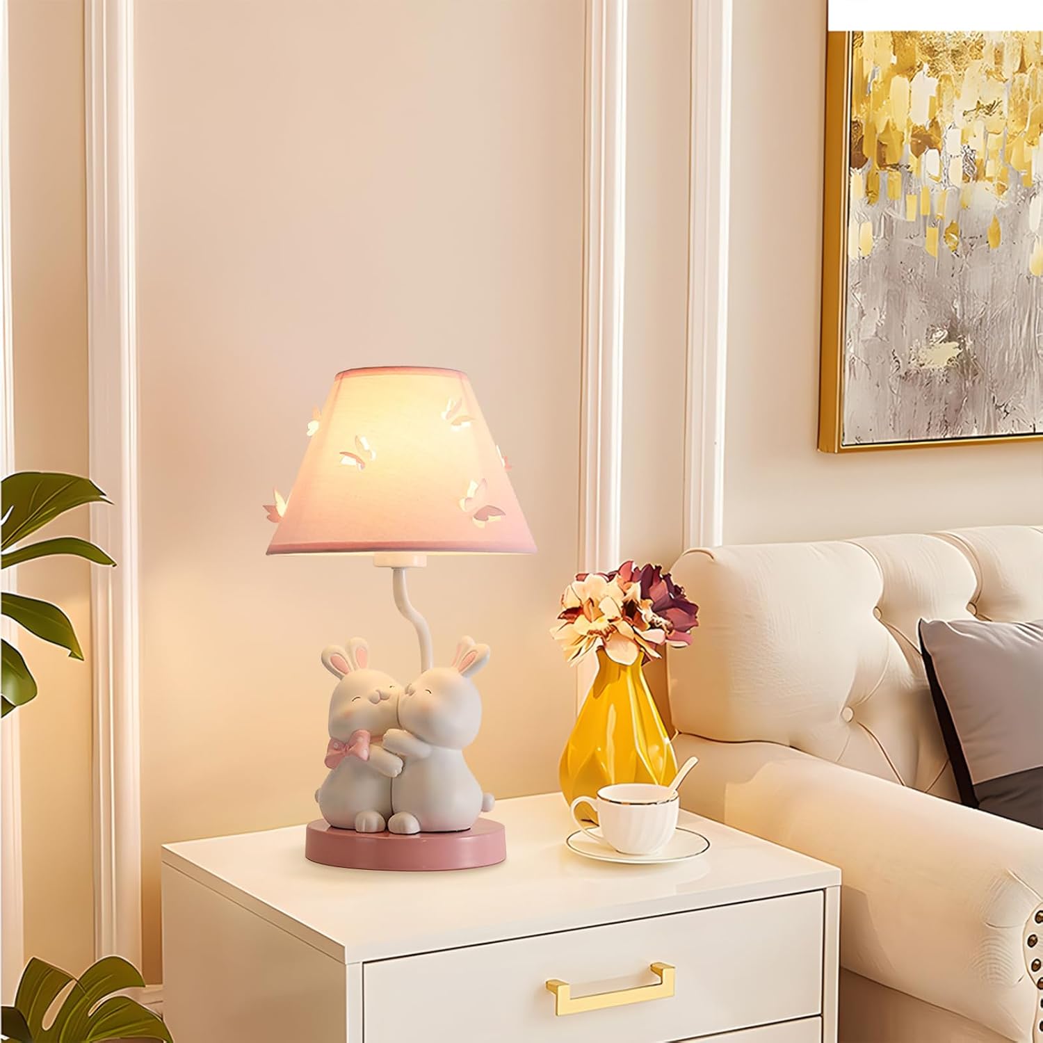 Pink Rabbit Lamp Cute Bunny Night Light Girl Lamp, Cartoon Animal Nightstand Lamps Bedside Table Lights, Children's Room Desktop Accent Lighting for Bedroom Dining Room Office Dorm