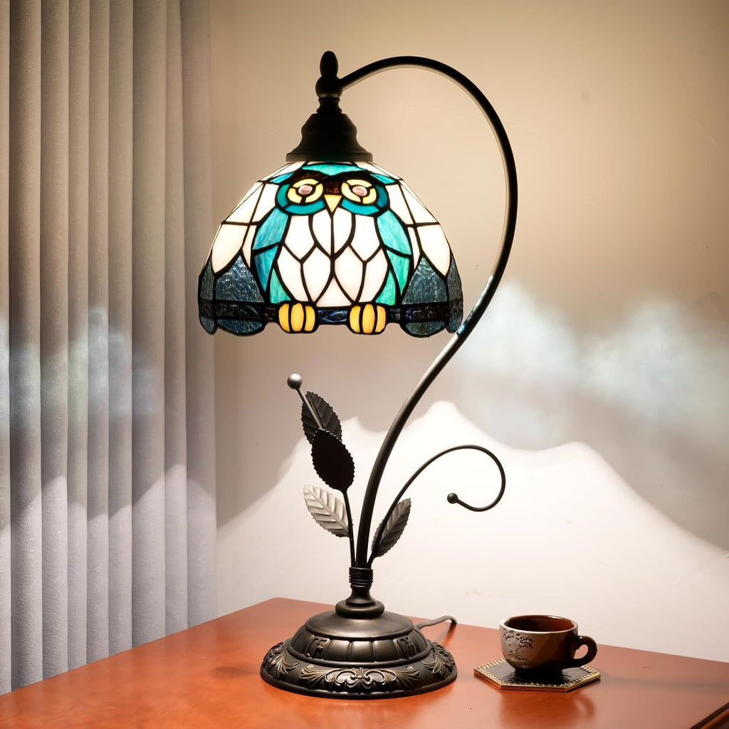 Tiffany Table Lamp Owl Stained Glass Bedside Lamp Tiffany Style S Metal Leaves Desk Light for Home Living Room Office Dormitory Bar Family Friends Gift