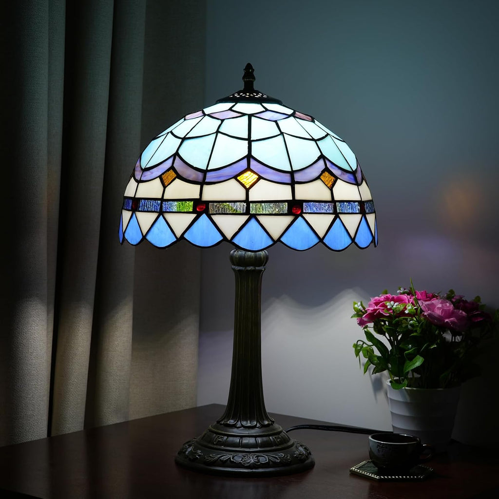 Tiffany Table Lamp Stained Glass Lamp Mediterranean Blue Bedroom Table lamp Reading Desk Light for Bedside Living Room Office Dormitory Dining Room Decorate Housewarming Gift 12X12X18 inches