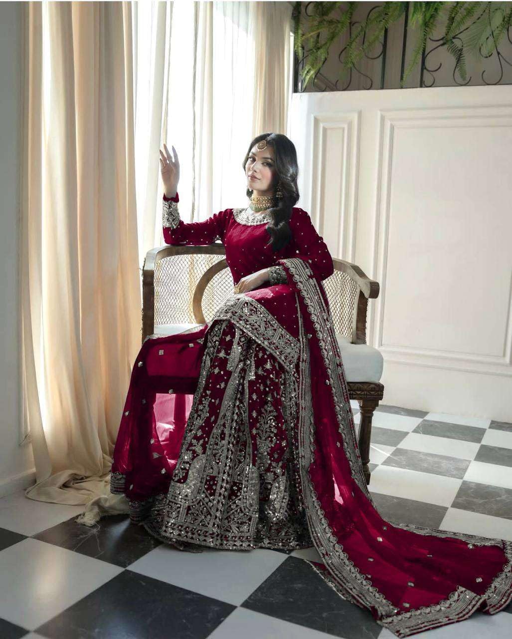 Rianshi craft Women's Faux Georgette Embroidered Straight Kurta with Sharara & Dupatta Set with Rivet Moti Work
