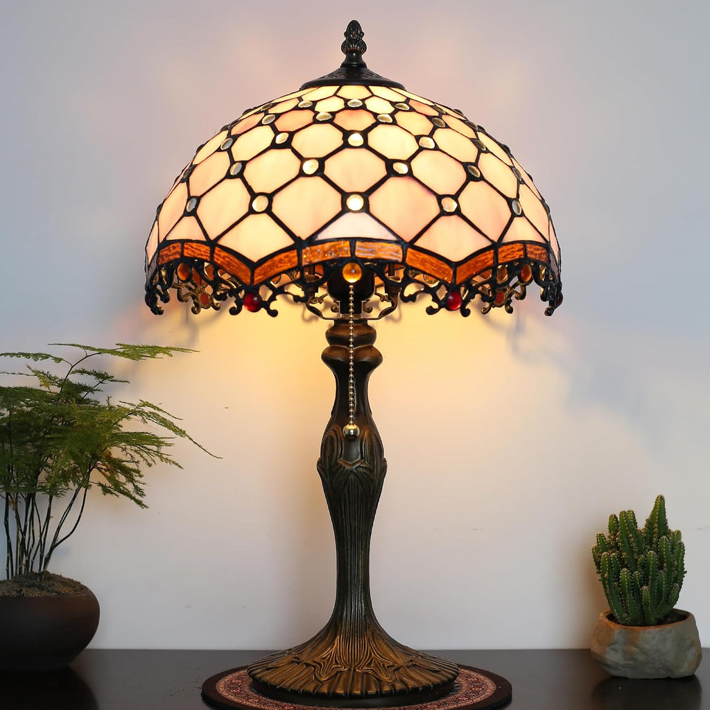 Tiffany Lamp Stained Glass Table Lamp 12 x 19' Pink Beads Style Bedside Reading Lamp Decorative Light for Desk Living Room Bedroom Office Study Light Home Decor Gift
