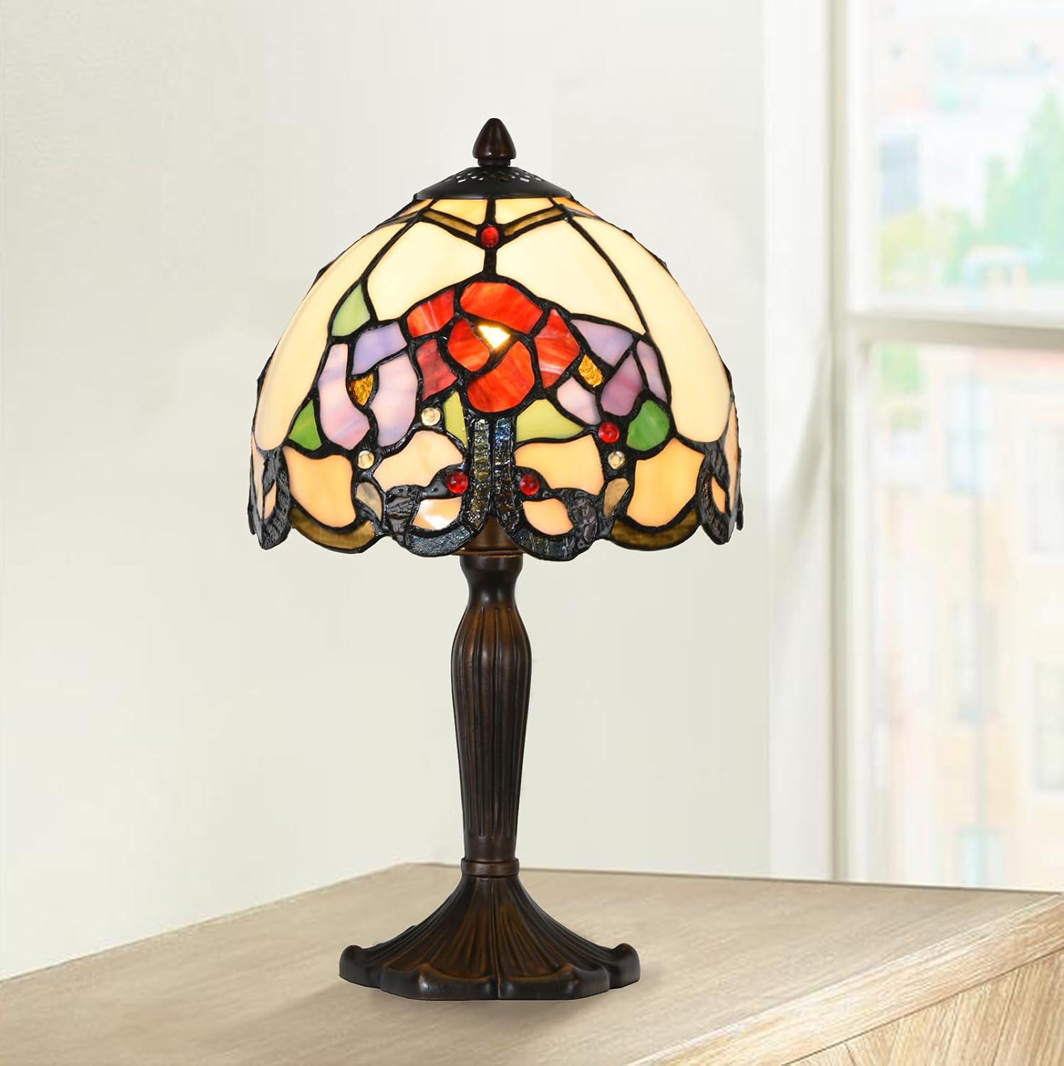 TL0010 Small Tiffany Lamp Rose Flowers Design Stained Glass Table Lamp 8' D x 14.25' H for Living Room Bedroom Bedside Nightstand Home Office, LED Buld Included (Rose Flower)