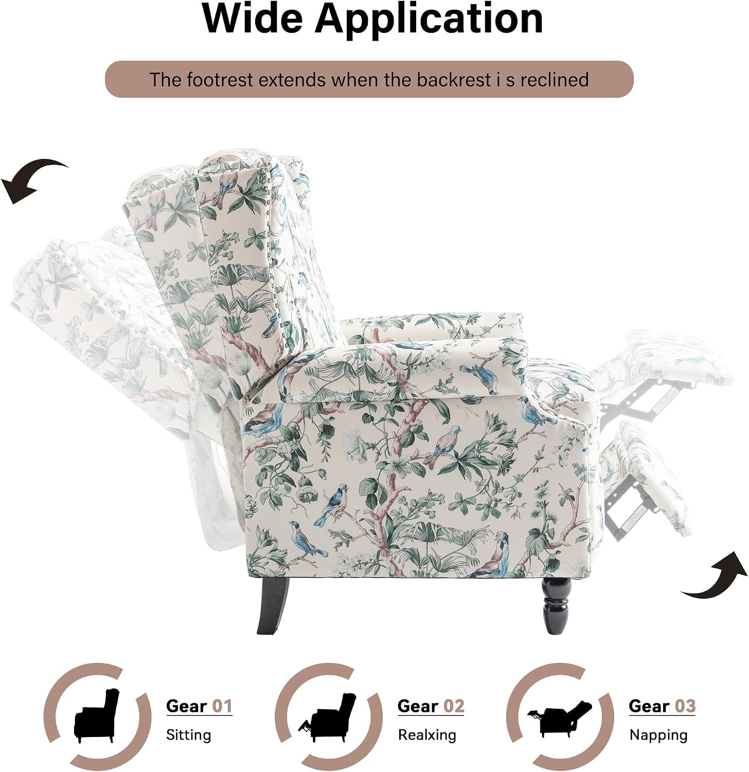 Pushback Recliner Chair, Floral Fabric Wingback Recliner Chair, Upholstered Rivet Trim Armchair Push Back Recliner Accent Chair for Small Spaces, Living Room, Bird