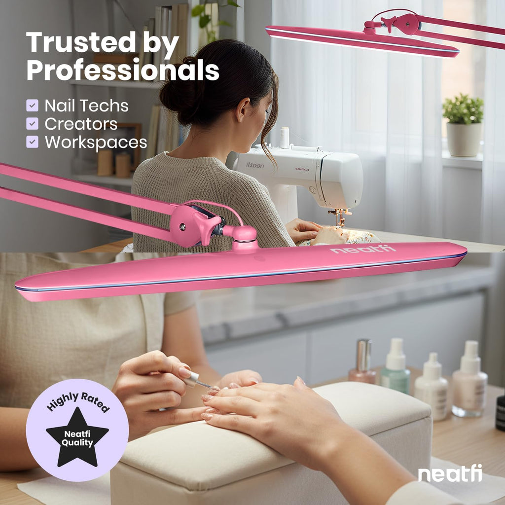 Neatfi XL 2,200 Lumens 24W LED Desk Lamp – 23' Wide Shade | Dimmable Eye-Caring Task Light | Adjustable Arm | Home Office, Study, Crafts & Nail Tech (Pink, Non-CCT with Clamp)