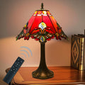 JHuiLap 12 Inch Tiffany Style Table Lamp, Baroque Stained Glass Lamp with Remote Control, Stepless Dimmable & 3 Color Temperatures, Desk Lamps for Bedroom Farmhouse Bedside Nightstand Bedside (Red)