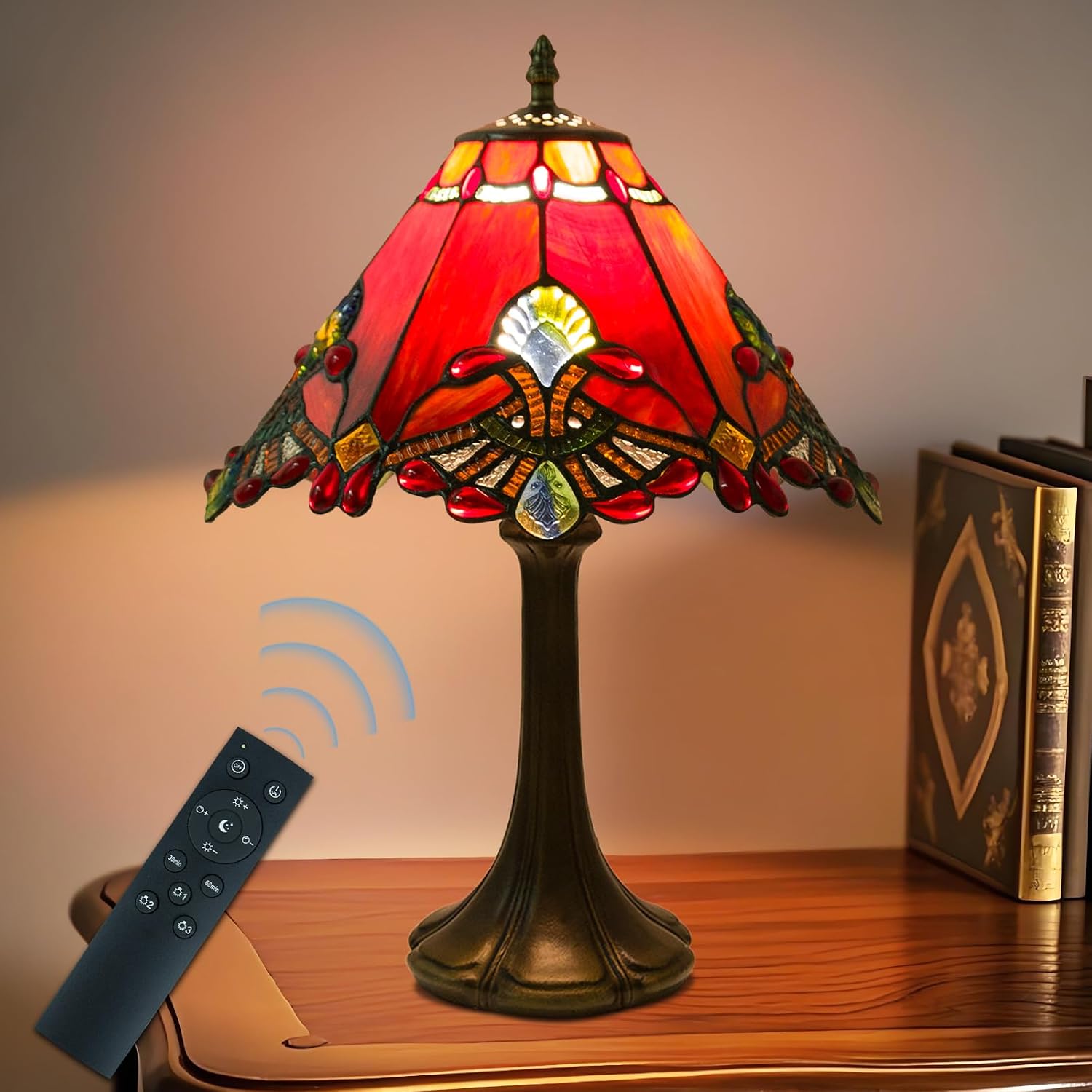 JHuiLap 12 Inch Tiffany Style Table Lamp, Baroque Stained Glass Lamp with Remote Control, Stepless Dimmable & 3 Color Temperatures, Desk Lamps for Bedroom Farmhouse Bedside Nightstand Bedside (Red)