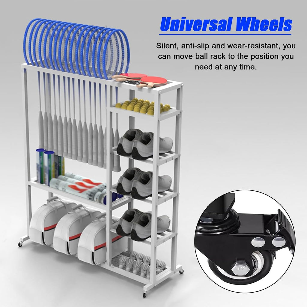 LZMZMQ Tennis Racquet Storage Rack White Metal, Portable Rolling Badminton Racket Display Cart, Comemrcial Table Tennis Racket Organizer Holder, Can Hold 16pcs Rackets