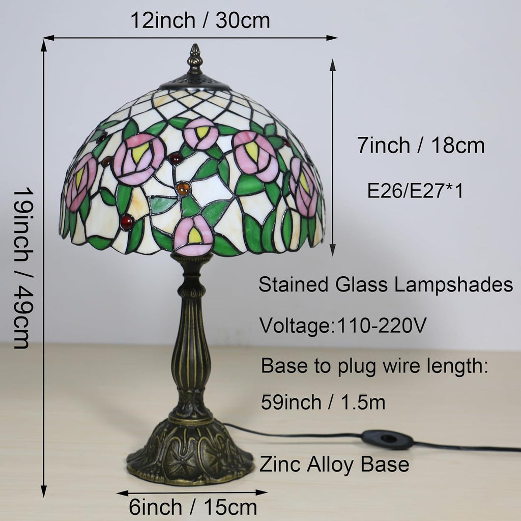 Tiffany Style 12 Inch Pastoral Stained Glass Table Lamp Green Leaves Tulip Rose Lamp Shade for Bedroom Bedside Living Room Restaurant,Light Pink