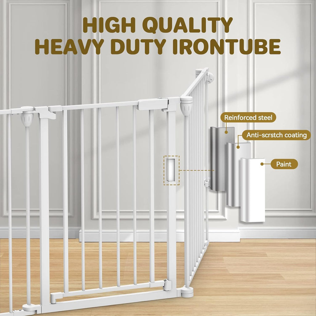 Baby Gate 27.5'-199' Extra-Wide Playpen with Stands Child Safety Fence | Play Yard, Dog Gate with Auto-Close Door, Double Locking System for Fireplace, Foldable 8 Panels, White 29' Height