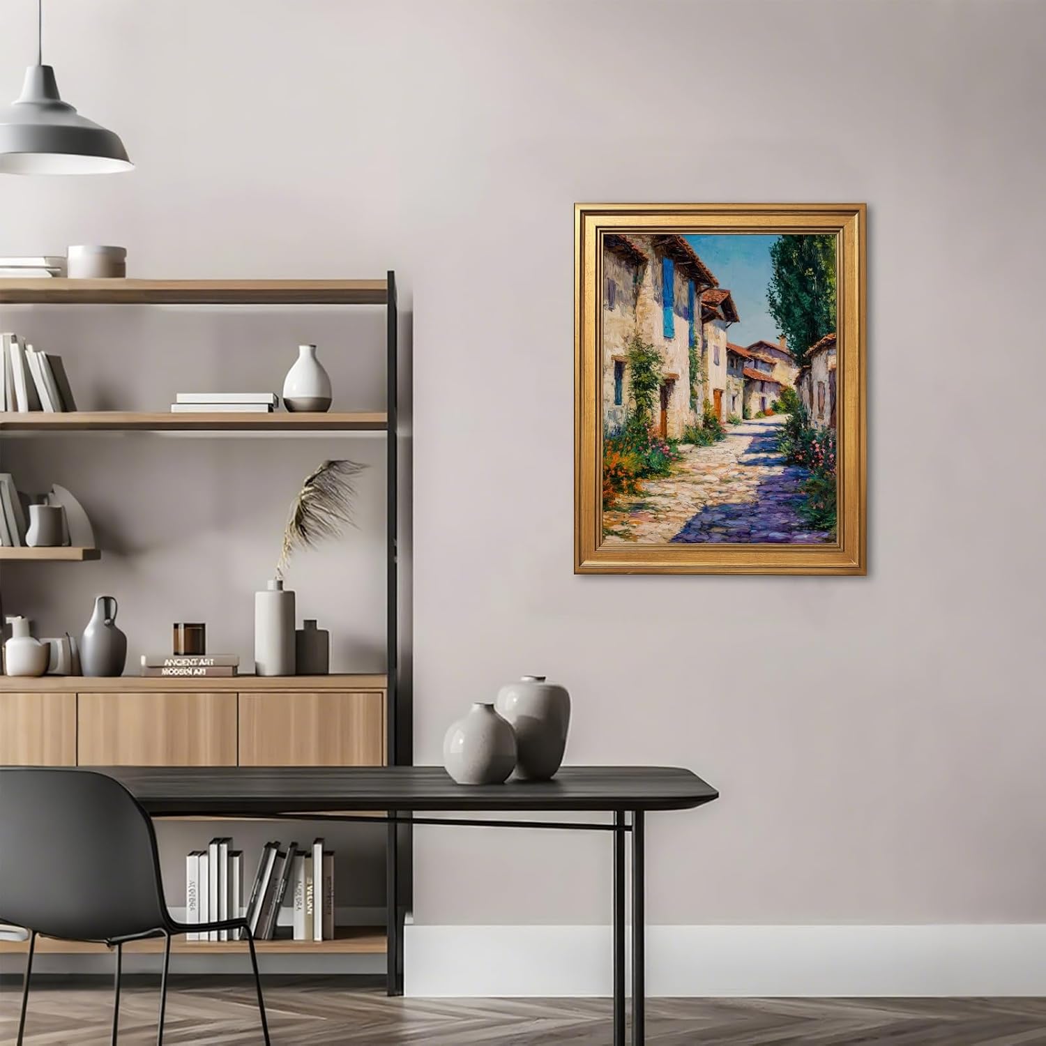 Large Gold Framed European Village Street Oil Painting Poster Vintage French Old Town Landscape Wall Art Countryside Floral Cottage Flowers Path Canvas Prints for Coastal Home Decor 24x36inch