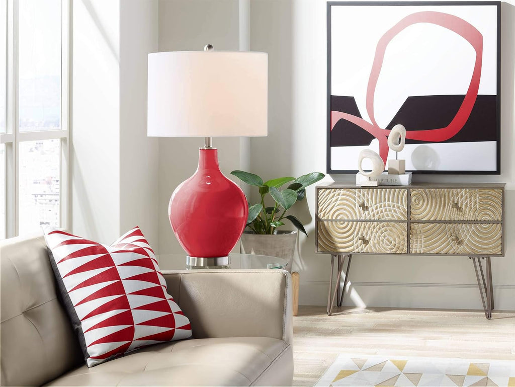 Color + Plus Modern Table Lamp 28.5' Tall Ribbon Red Glass OVO White Linen Drum Shade for Living Room Family Bedroom Bedside Nightstand Office