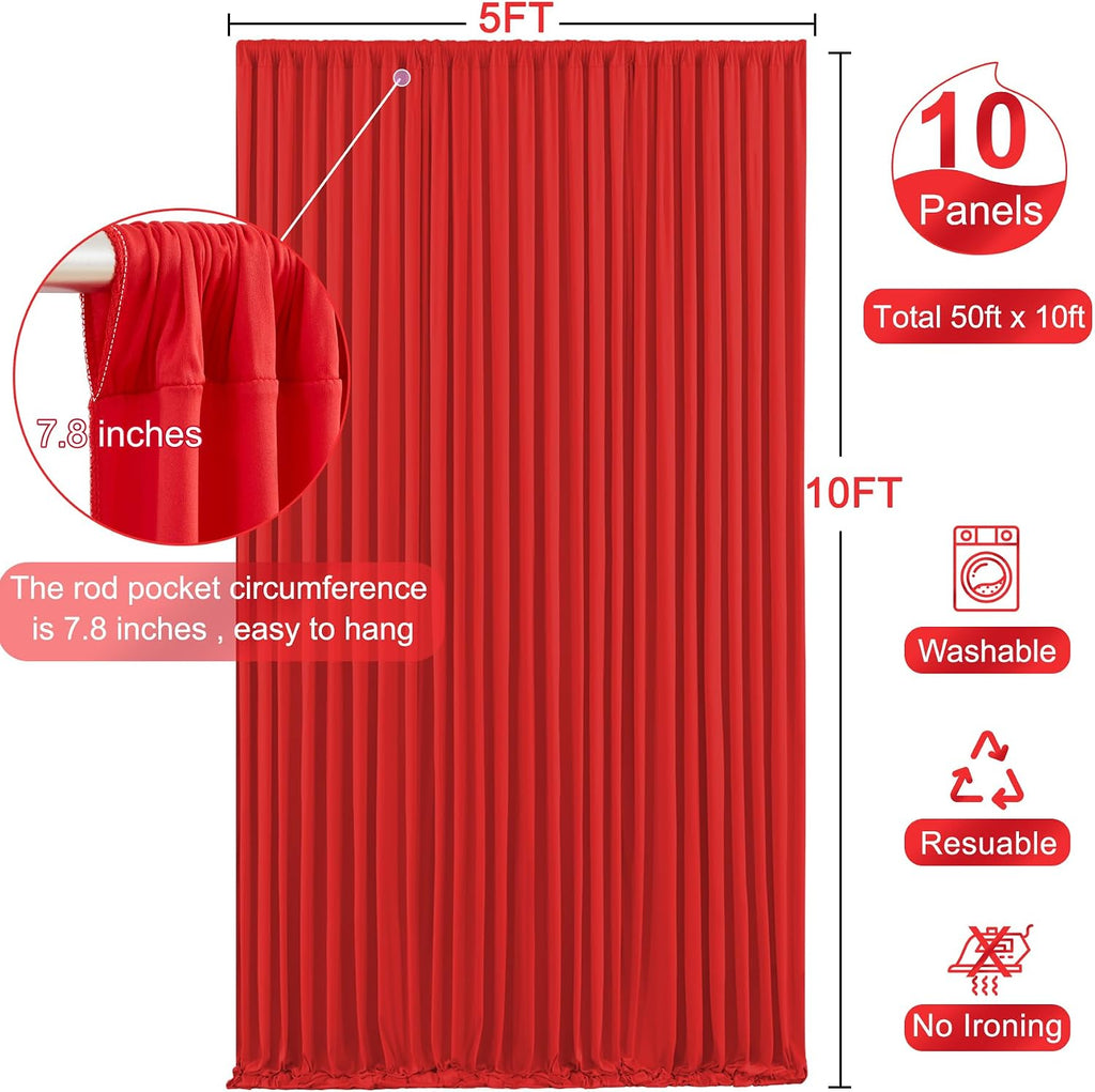 10 Panels Red Backdrop Curtain for Parties Wedding Wrinkle Free Red Photo Curtains Backdrop Drapes Fabric Decoration for Christmas Birthday Party Baby Shower 50ft(W) x 10ft(H)