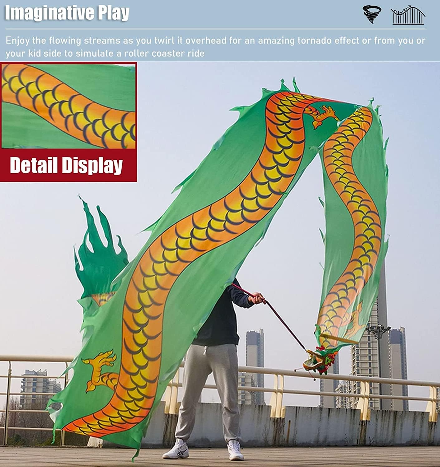 Dragon Dance Ribbon Shaking Poi Fitness Dragon Dance Ribbon Streamer with Dragon Head Silk Flowy Shaking Flinging Chinese Dragon Dance Ribbon Streamers Shows Prop
