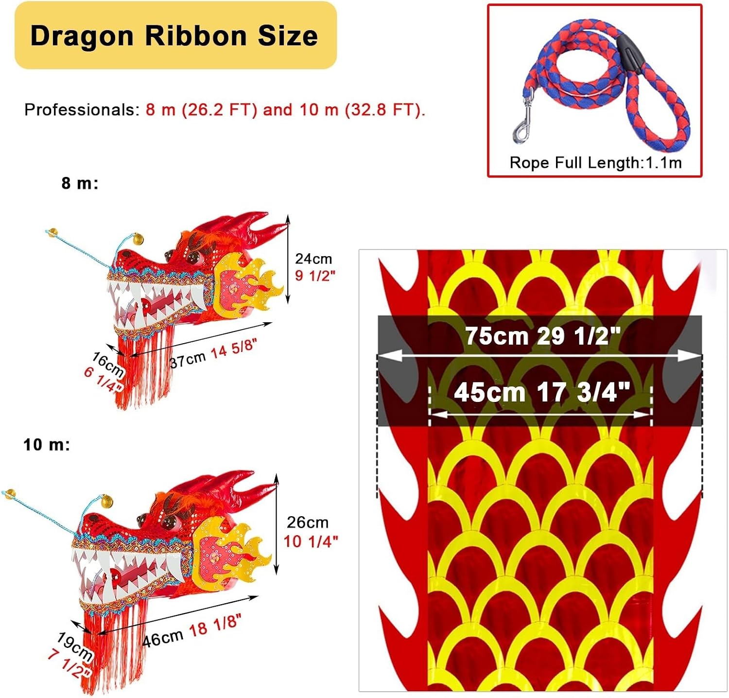Dragon Poi Rainbow Dragon Dance Ribbon, Silk Streamer Kite for Outdoors, Fitness Shaking Poi with Head, Washable Sport Flying Flag Training Equipment (Size : 10 m/33ft Long)
