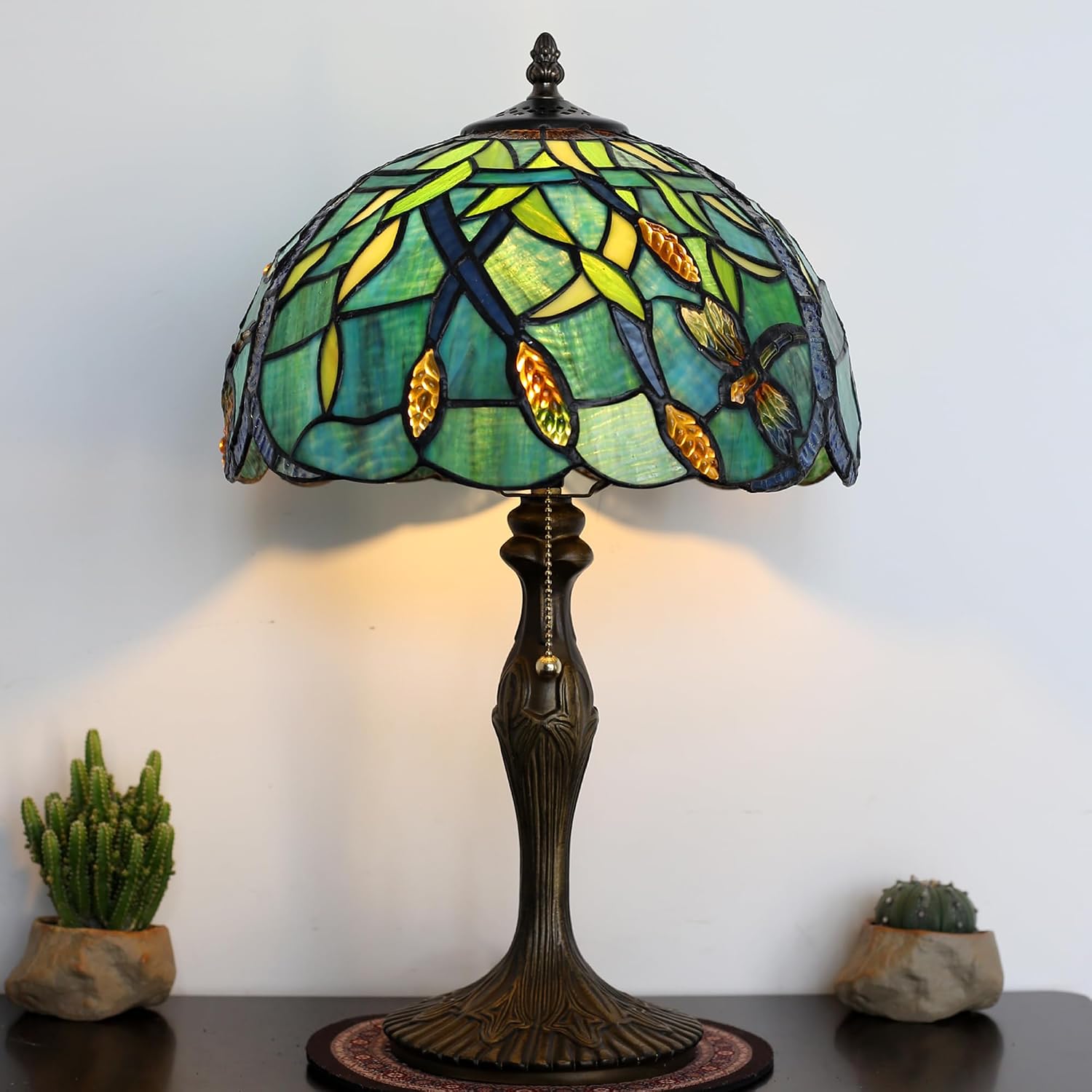 Tiffany Lamp Stained Glass Table Lamp 12' x 19' Wheat Ear Dragonfly Style Decorative Lamp Bedside Reading Lamp for Desk Living Room Bedroom Office Study Light Home Decor Gift