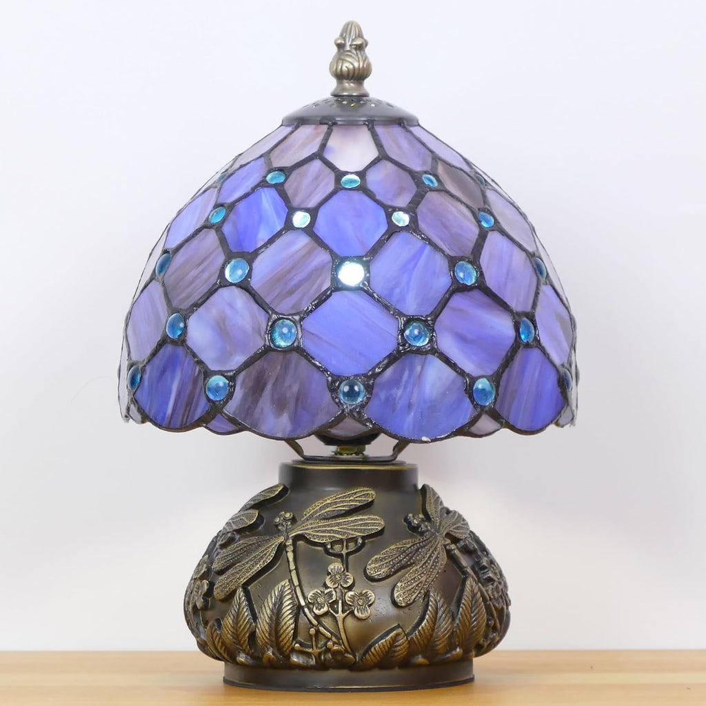 Small Tiffany Lamp Mini Stained Glass Table Lamp Purple Pearl Style Mushroom Accent Lamp 8X11 Inch
