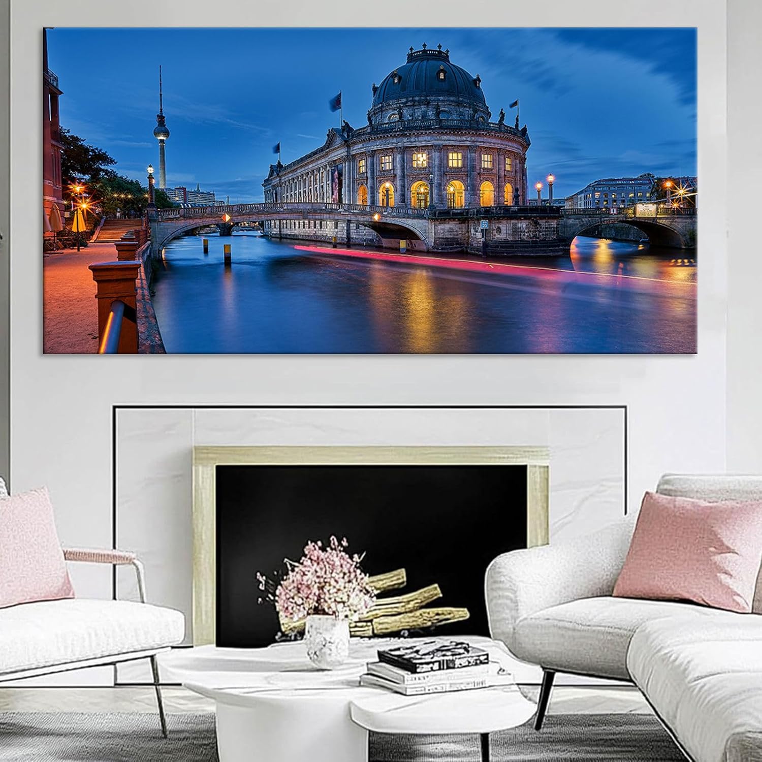 Magical Berlin Dusk Print River Reflection Cityscape Decor European Historic Waterfront Wall Art Enchanted German Capital Poster Vintage Canvas Bedroom Office Picture 20x40inch Framed