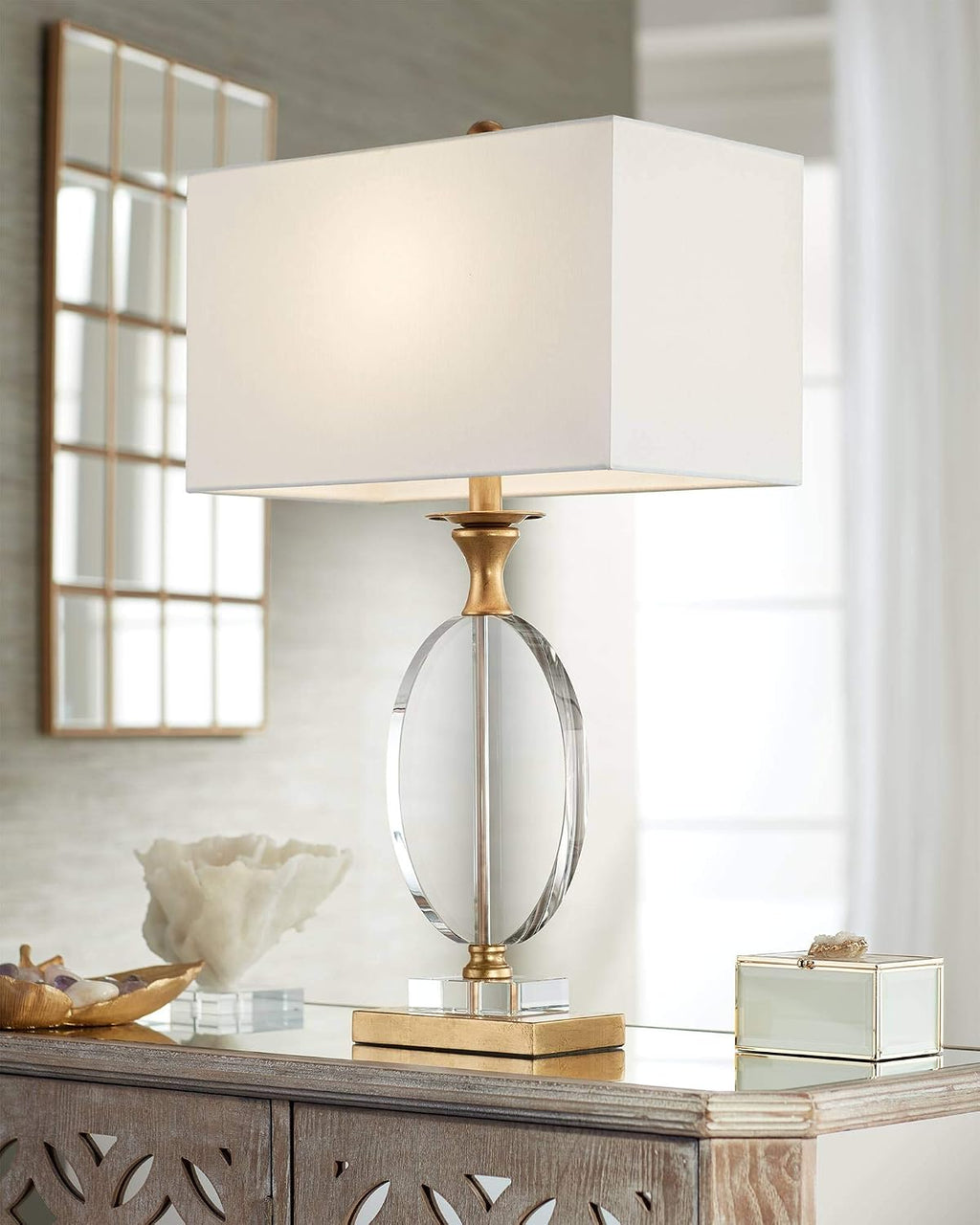 Vienna Full Spectrum Valerie Modern Glam Luxury Table Lamp 28' Tall Gold Clear Crystal Glass White Fabric Rectangular Shade for Living Room Bedroom House Bedside Nightstand Home Office Family
