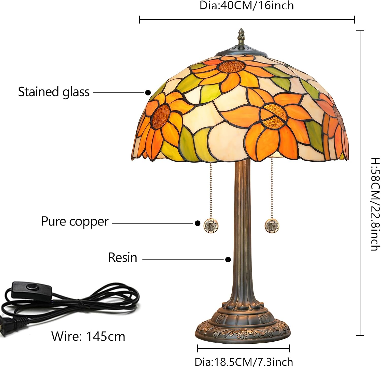 Tiffany Lamp Sunflower Yellow Style Stained Glass Table Lamp Antique Bedside Reading Light 16X16X23 Inch Decor Bedroom Living Room LED Lamp