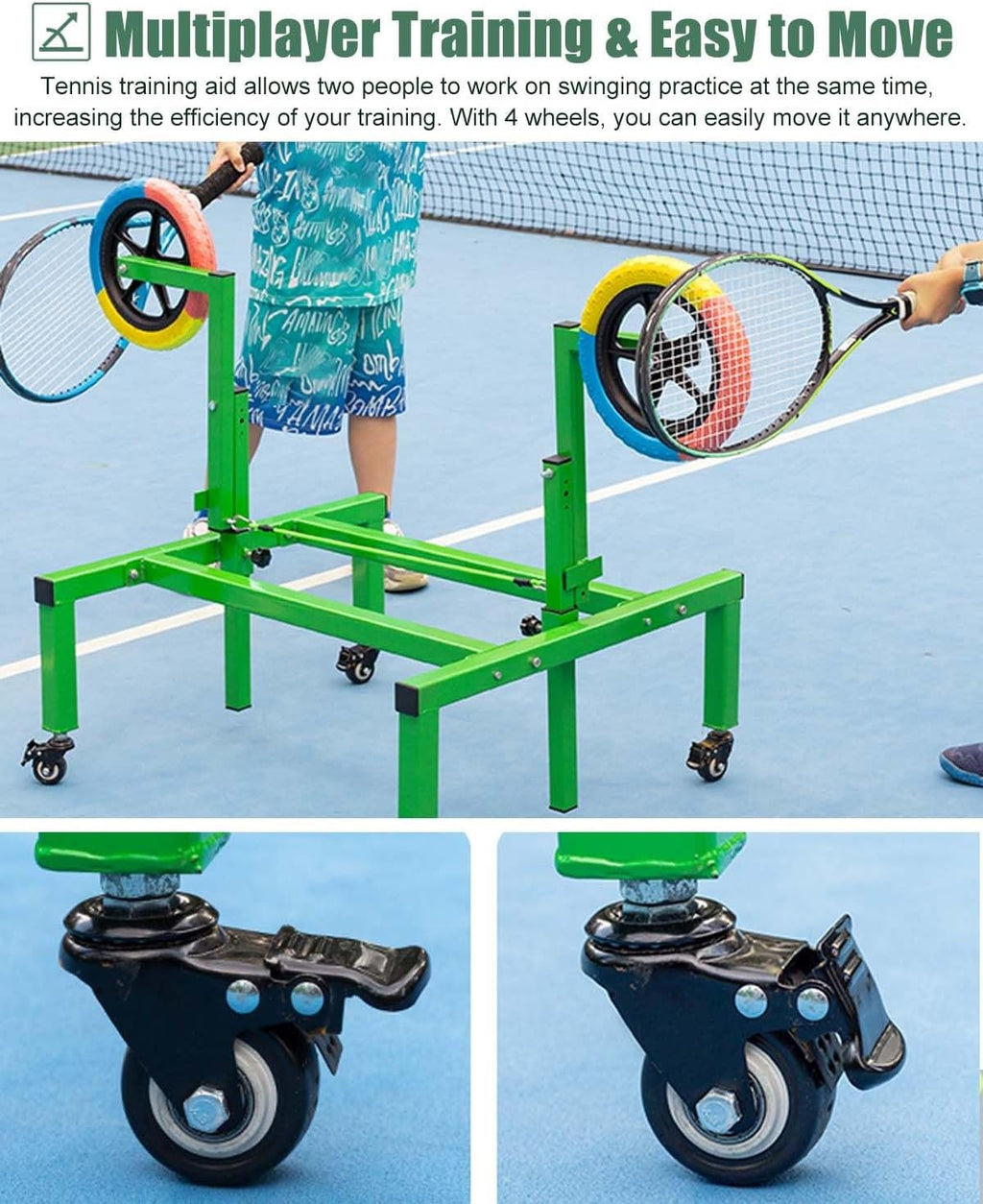 Heavy Duty Tennis Topspin Trainer for Kids, Beginner Tennis Trainer with 4 Wheels, Adjustable Height Training Equipment