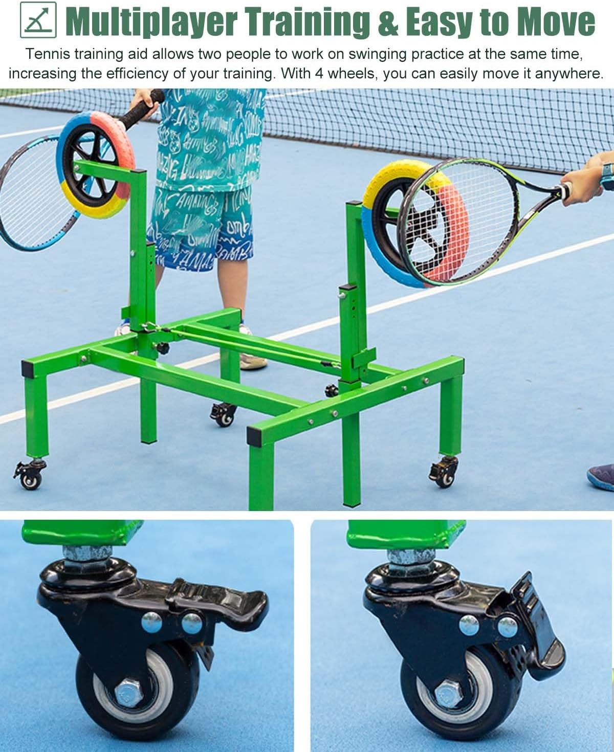 Heavy Duty Tennis Topspin Trainer for Kids, Beginner Tennis Trainer with 4 Wheels, Adjustable Height Training Equipment