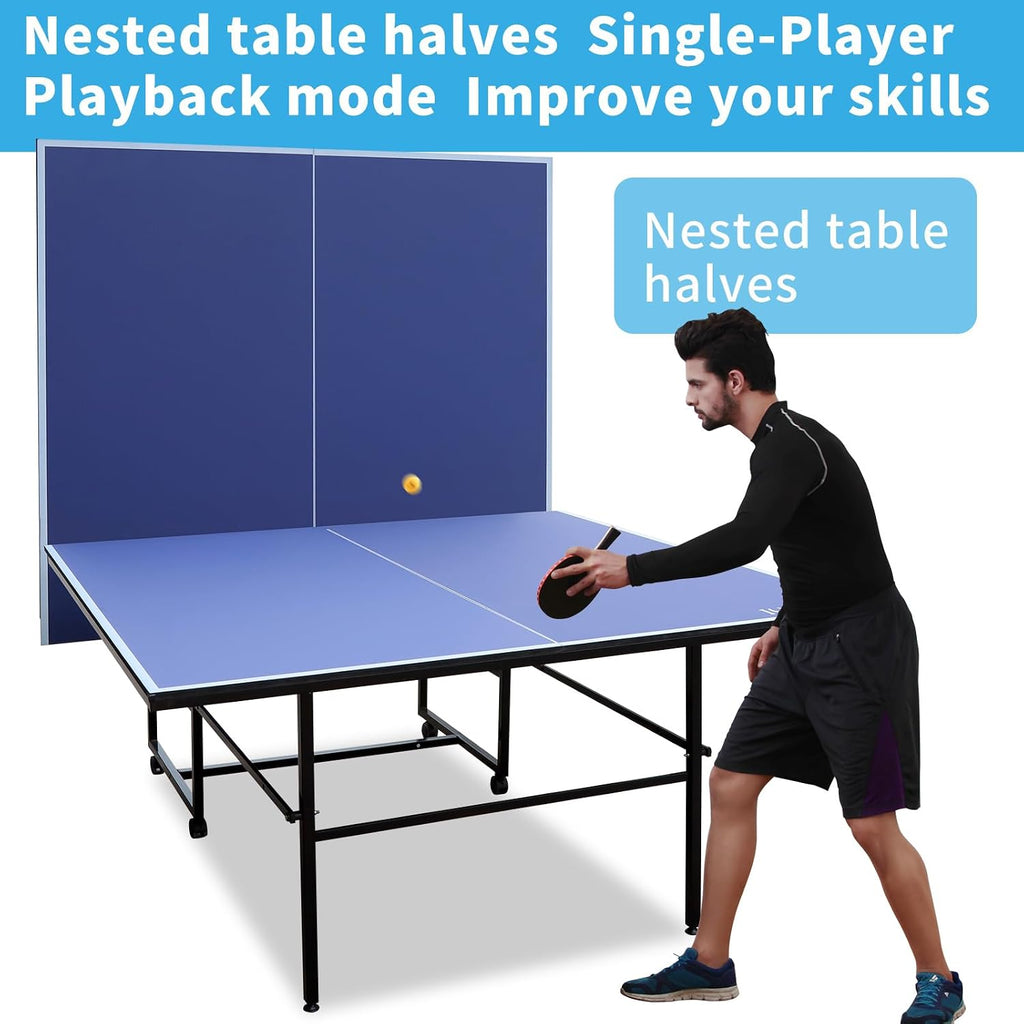 9FT Ping Pong Table Rolling Foldable Table Tennis Table for with Net, Table Tennis Paddles and Balls, Multi-Use Family Game Table for Teenager Adult, Folded with Single Player Playback Mode