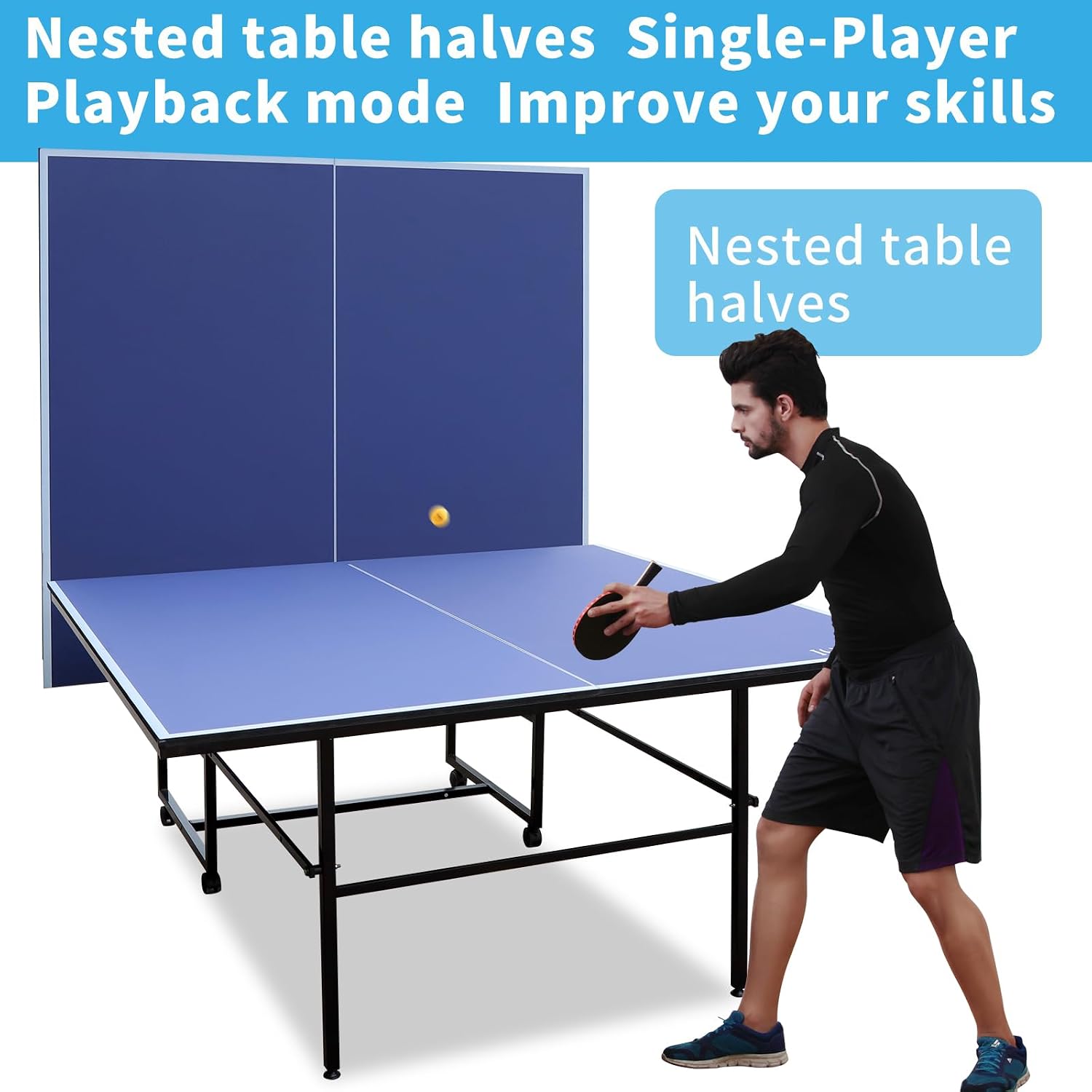 9FT Ping Pong Table Rolling Foldable Table Tennis Table for with Net, Table Tennis Paddles and Balls, Multi-Use Family Game Table for Teenager Adult, Folded with Single Player Playback Mode