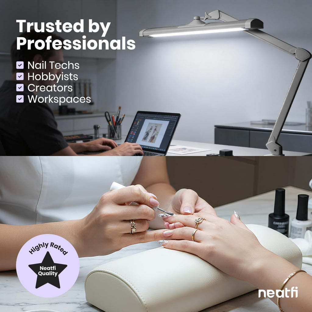 Neatfi Ultra 3,500 Lumens LED Desk Lamp with Clamp – 45W, 270 SMD LEDs, Shadow-Free | Adjustable Brightness | Task Light for Nail, Craft & Office (Silver, 26-Inch Wide Shade)