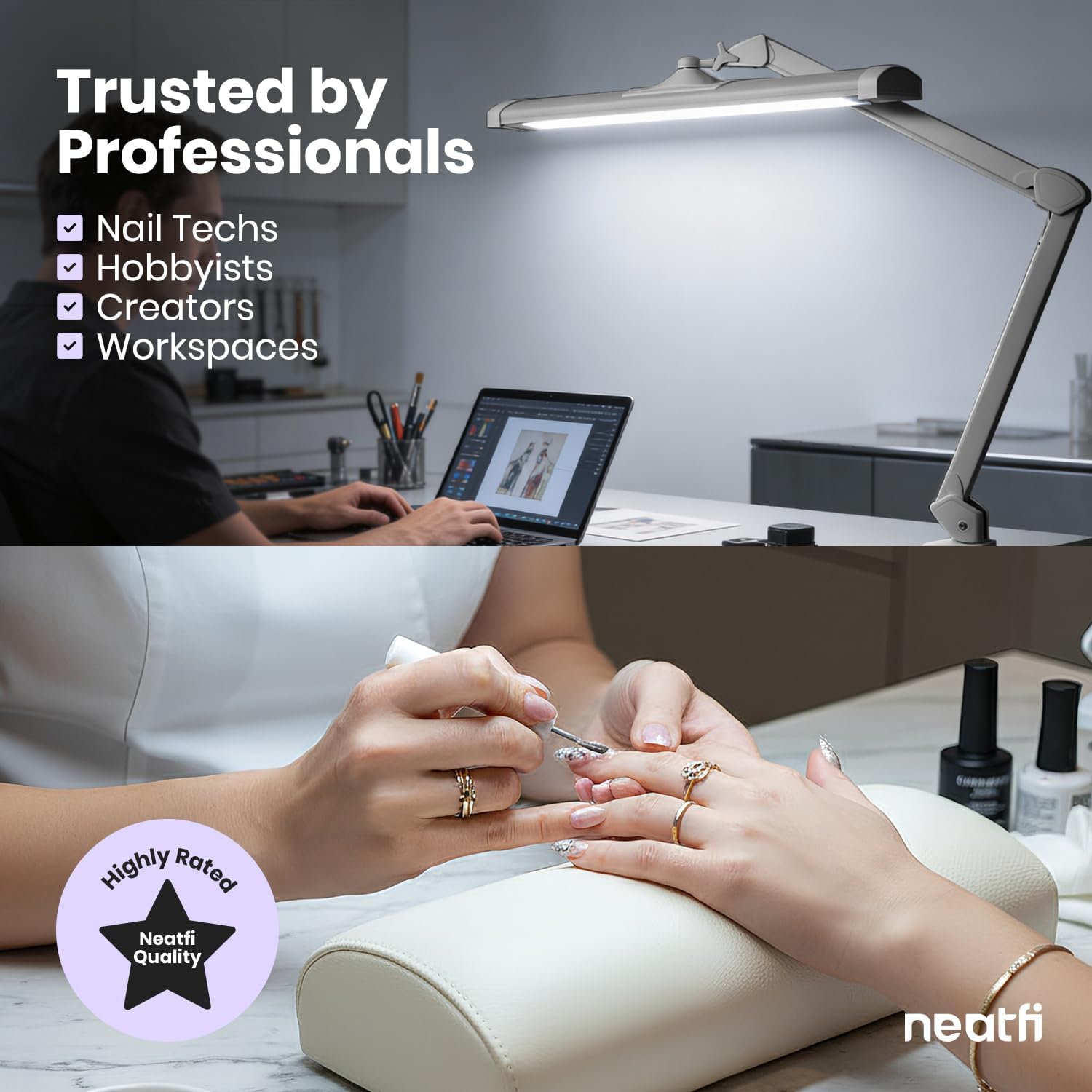 Neatfi Ultra 3,500 Lumens LED Desk Lamp with Clamp – 45W, 270 SMD LEDs, Shadow-Free | Adjustable Brightness | Task Light for Nail, Craft & Office (Silver, 26-Inch Wide Shade)