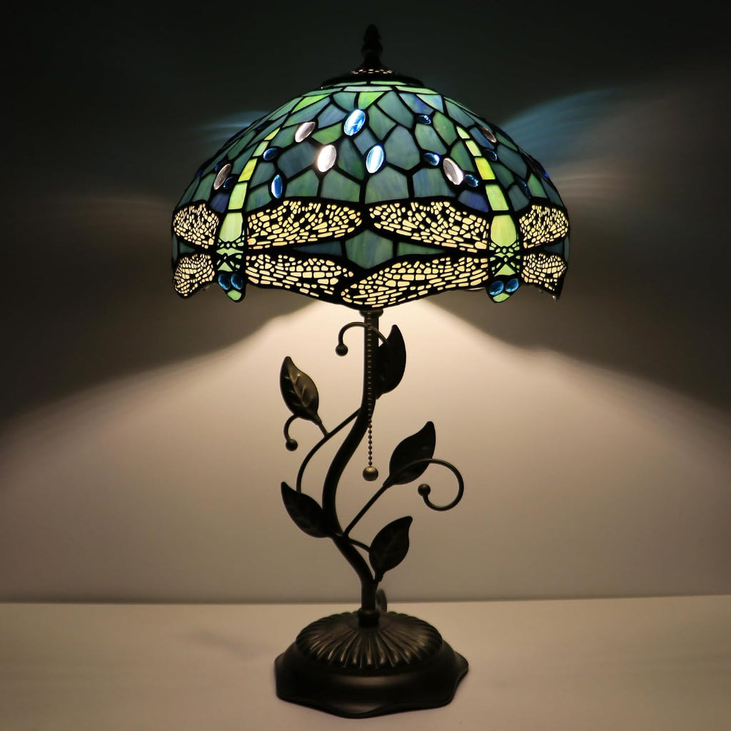 Tiffany Lamp Sea Blue Dragonfly Style Stained Glass Table Lamp Desk Bedside Reading Light 12X12X19 Inches with Metal Leaf Base